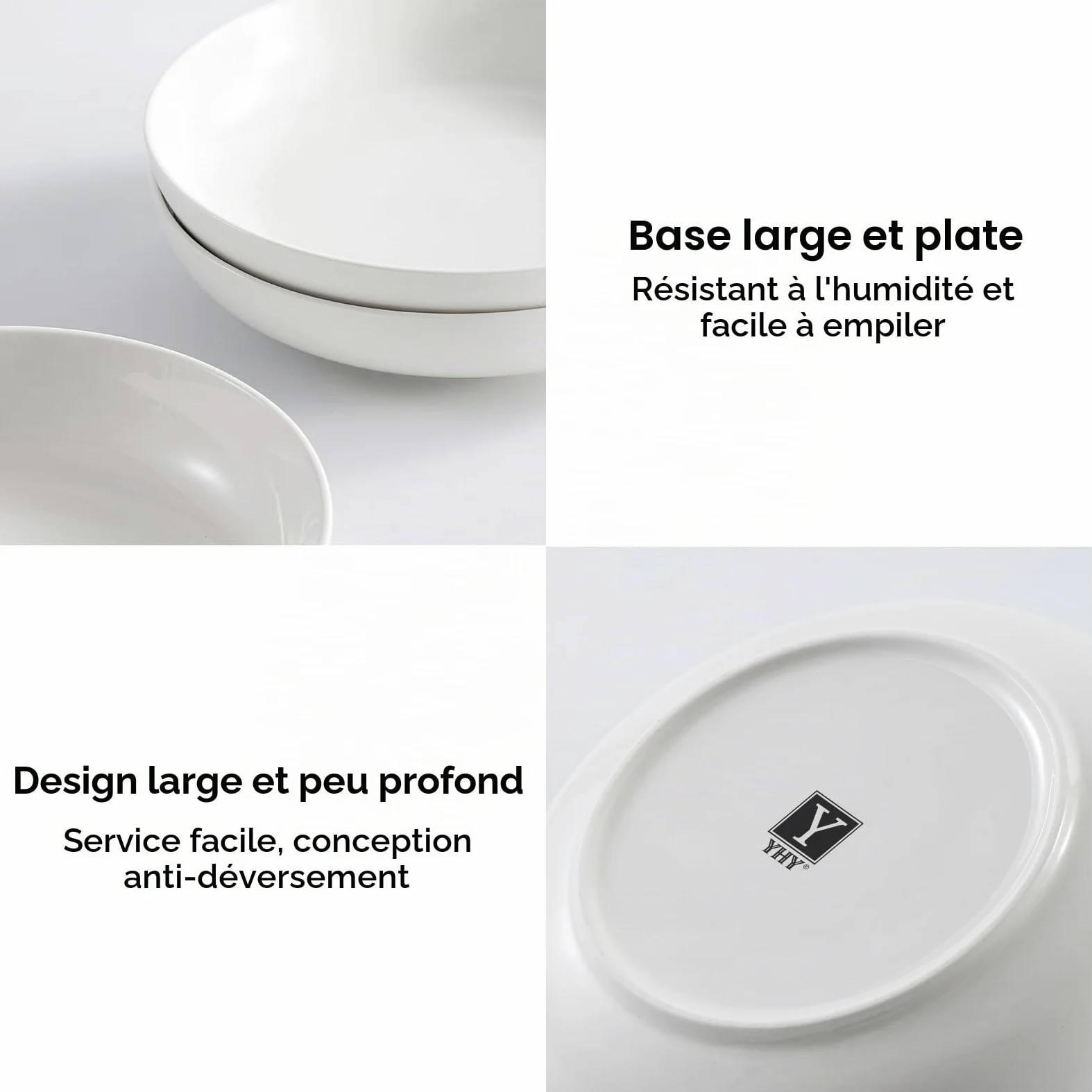 Y YHY Lot de 4 grands bols à pâtes de 24,8 cm, grands bols à salade de 1,4 l, bols de service en céramique, larges et peu profonds, passent au micro-ondes et au lave-vaisselle, blanc