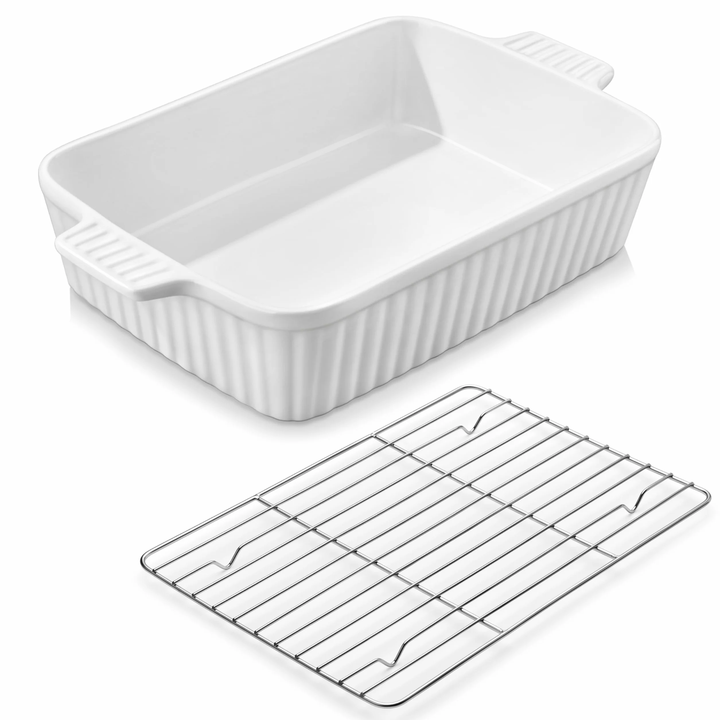 MALACASA Série BAKE, Plat à Four Rectangulaire en Porcelaine avec Grille 4200ml, Grand Plat de Cuisson avec Poignées pour Gratins et Casseroles, Compatible Lave-vaisselle, Blanc