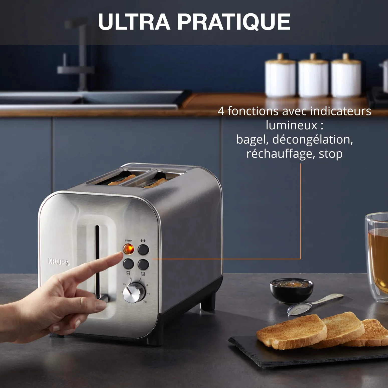 Krups Grille-pain 2 fentes larges, Inox brossé premium, 8 réglages température, Remontée extra-haute, Tiroir ramasse-miettes, Excellence KH682D10