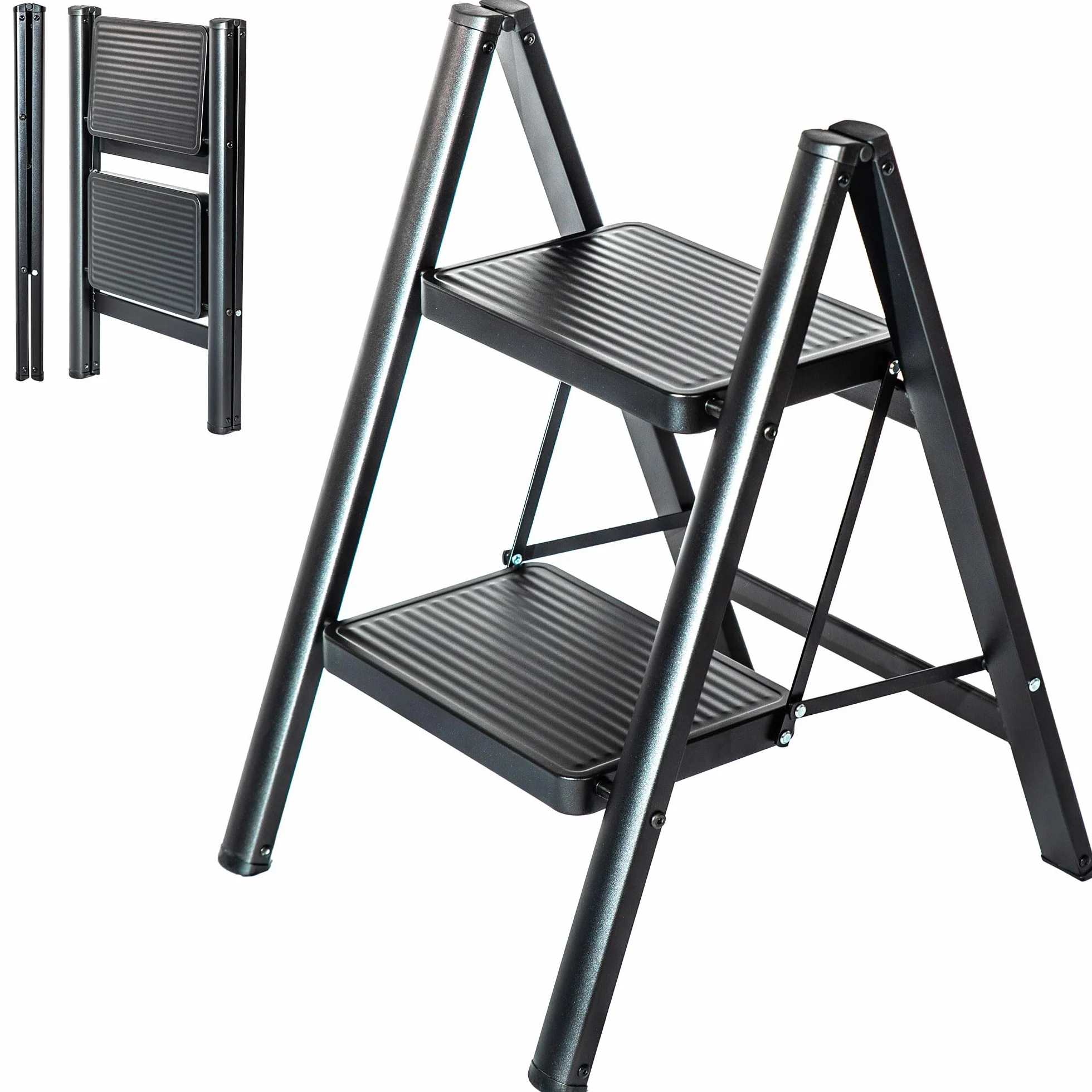 HOSTRÖM Escabeau 2 marches FOLDPACT2, Marche Pied Pliable, Design Ultra-Compact, Marches Larges 17,5 cm, Acier, Etagère temporaire, Garantie 5 Ans