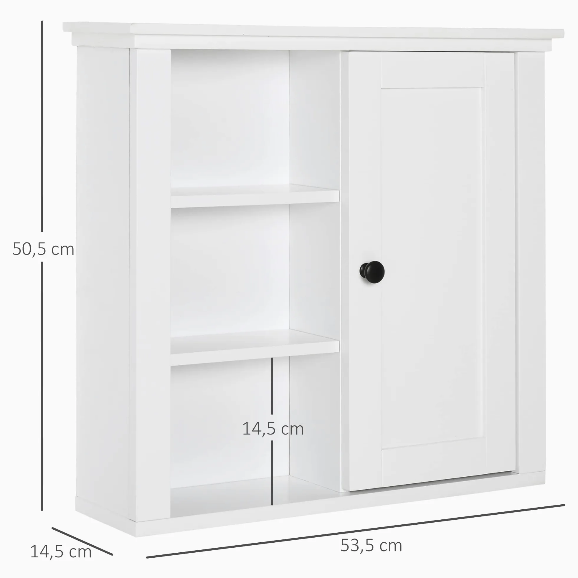 HOMCOM Armoire Murale de Salle de Bain Meuble Suspendu WC Placard 1 Porte 3 niches dim. 53L x 14,5l x 50,5H cm en Bois Blanc