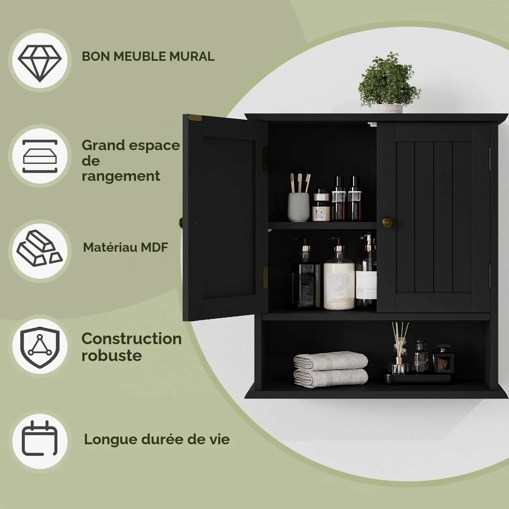 Smuxee Armoire de Toilette Murale Noire pour Petit Espace - Meuble Salle de Bain Suspendu avec 2 Portes et Étagères Réglables - Range-Toilette Étanche pour WC, Buanderie et Cuisine