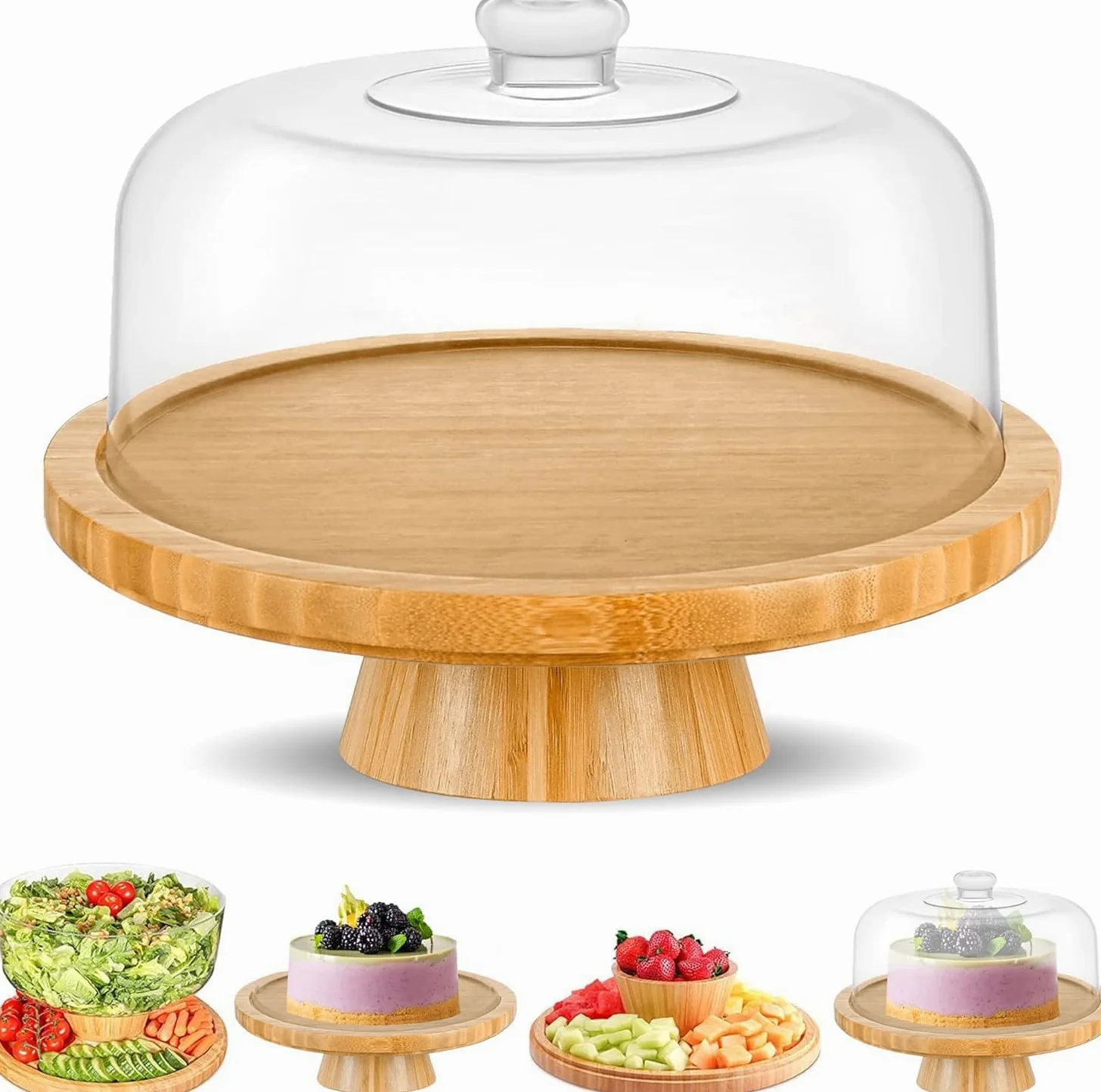 Présentoir à gâteau en bambou avec dôme multifonction 6 en 1, plateau de service (30 cm), support rond pour légumes et salade, présentoir décoratif avec couvercle