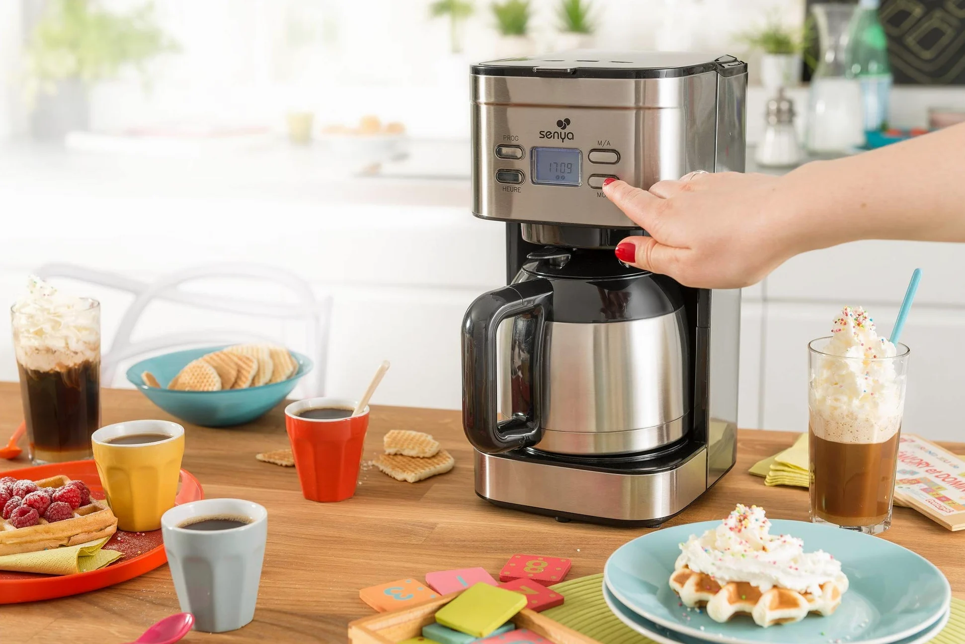 Senya cafetière électrique programmable Inox Hot Coffee, verseuse isotherme en acier inoxydable, fonction sélecteur d’arôme, maintien au chaud, 1,2L, 800W, SYBF-CM025
