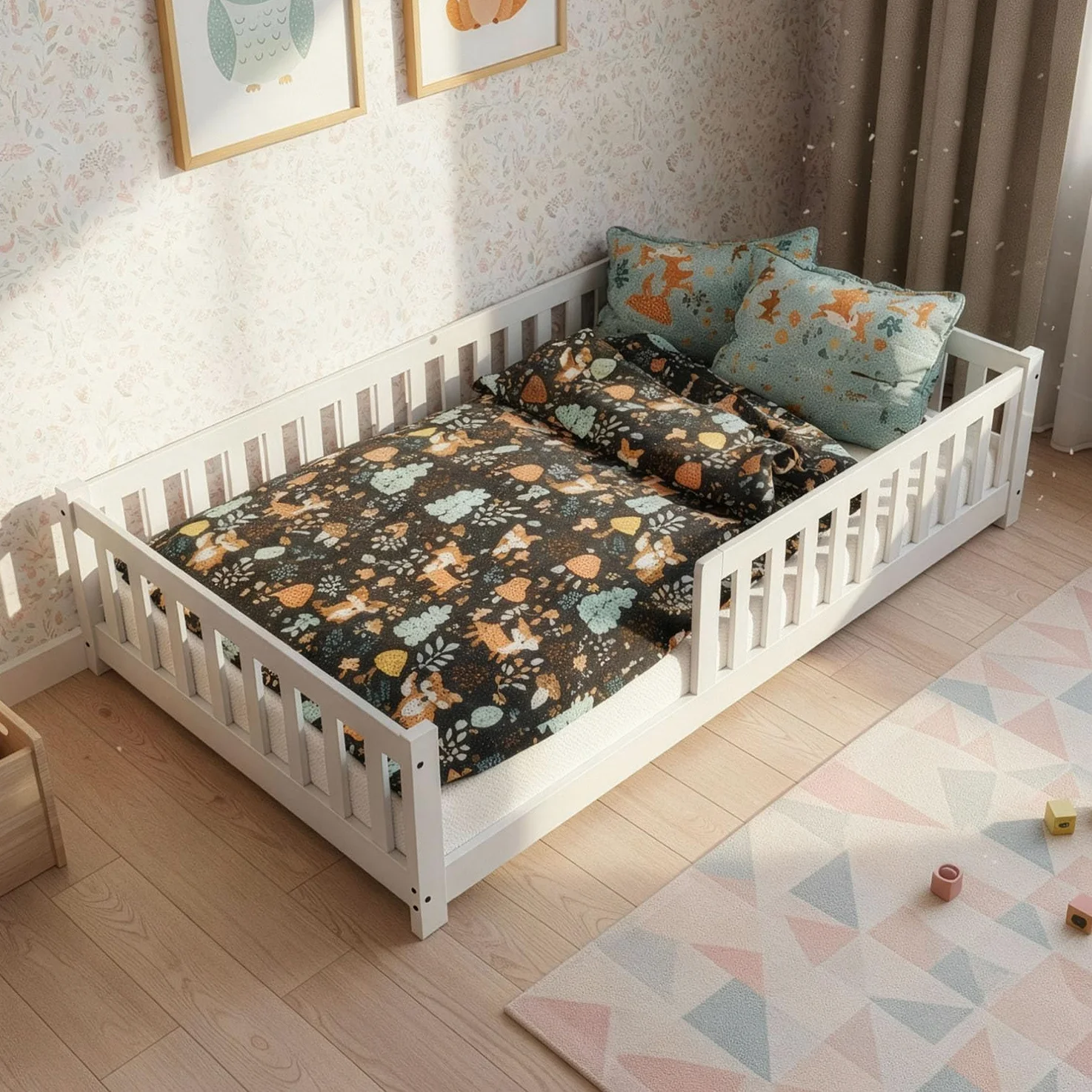 Juskys Lit au Sol Enfant Naya 120x200 cm avec Barrière de Sécurité et Sommier à Lattes, Lit à barreaux Montessori en Bois Massif Pin pour Enfants et Adolescent, Blanc