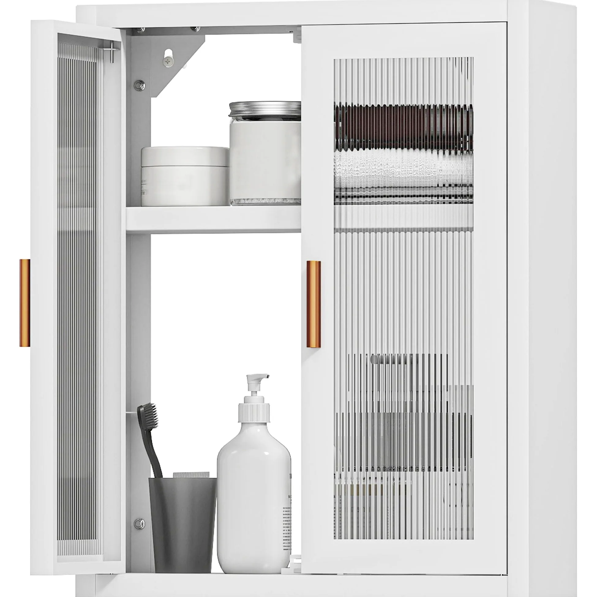HOMCOM Armoire Murale de Salle de Bain métale, 40 x 14 x 50 cm, Meuble de Rangement Suspendu avec 2 Portes cannelées en Acrylique et étagère réglable, Métal, Blanc