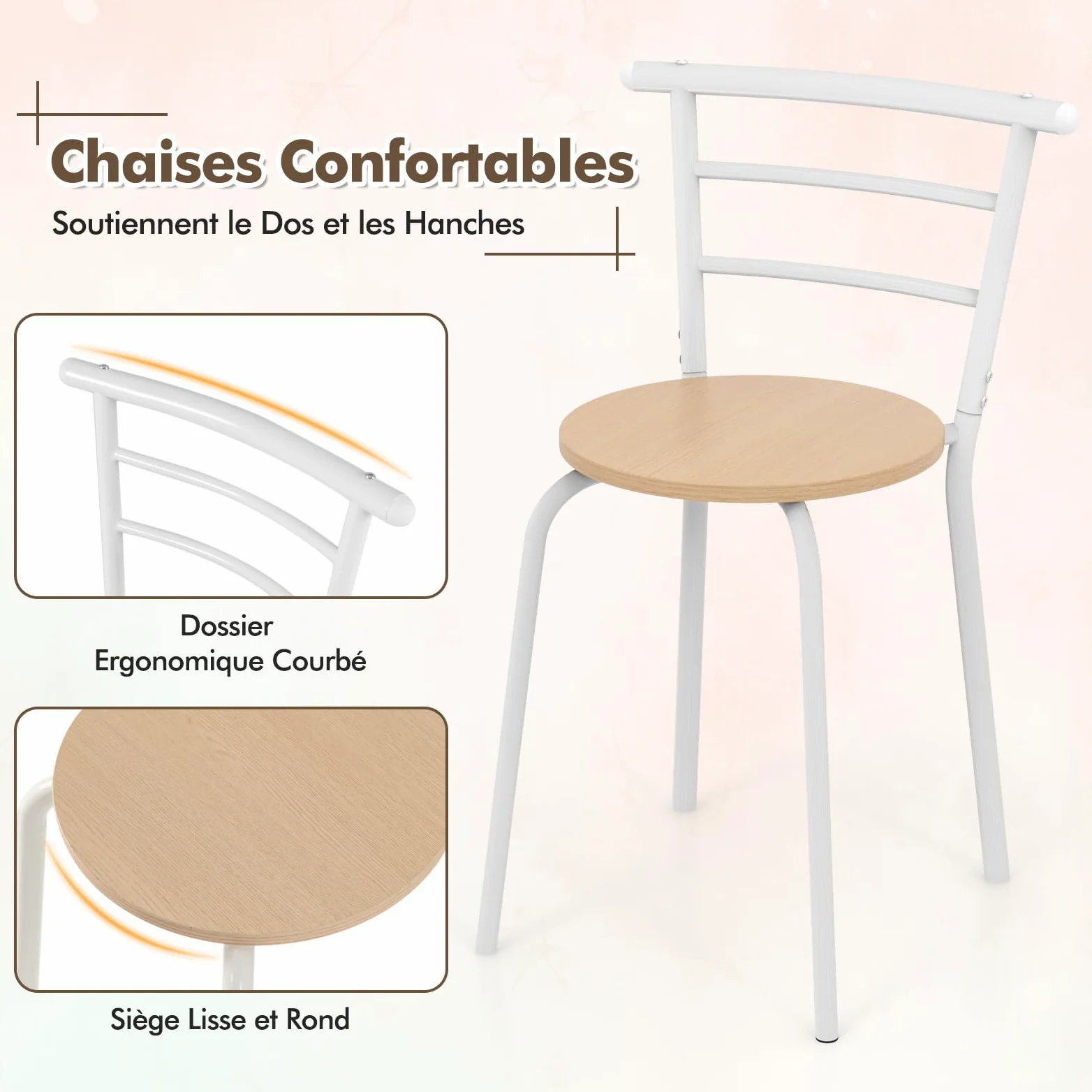 COSTWAY Table de Cuisine avec Chaise pour 2 Personnes, Table Cuisine Petit Espace avec Porte-Bouteilles, Table à Manger Ronde Cadre en Métal pour Bistro, Jardin, Balcon (Naturel)