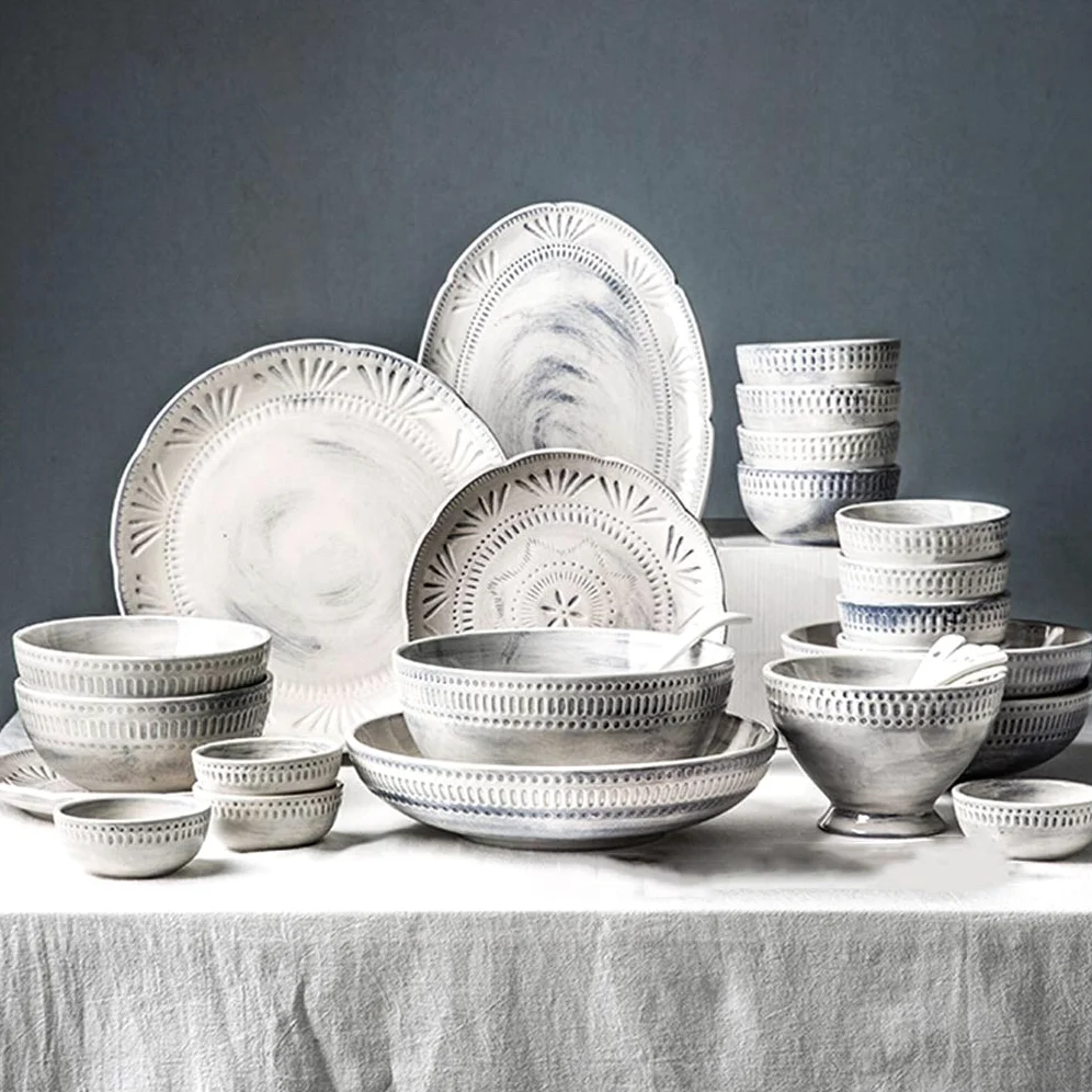 Ensembles de Vaisselle en céramique, Bol/Plat/cuillère, Ensemble de Vaisselle à Texture en Relief Baroque 3D, Ensemble de Vaisselle combiné en Porcelaine aux to(