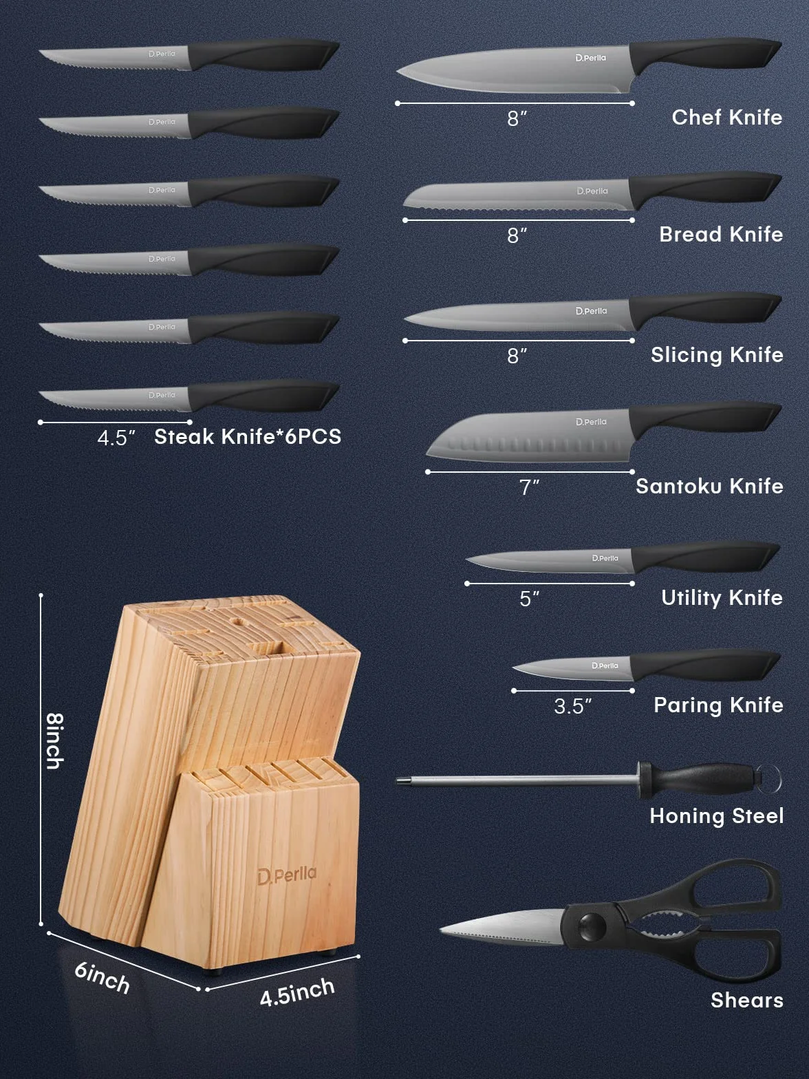 D.Perlla Couteau Cuisine, 15 Pièces Bloc Couteaux Cuisine en Acier Inoxydable, Ensemble de Couteaux Professionnels avec Bloc Couteaux en Bois, Super Aiguisé