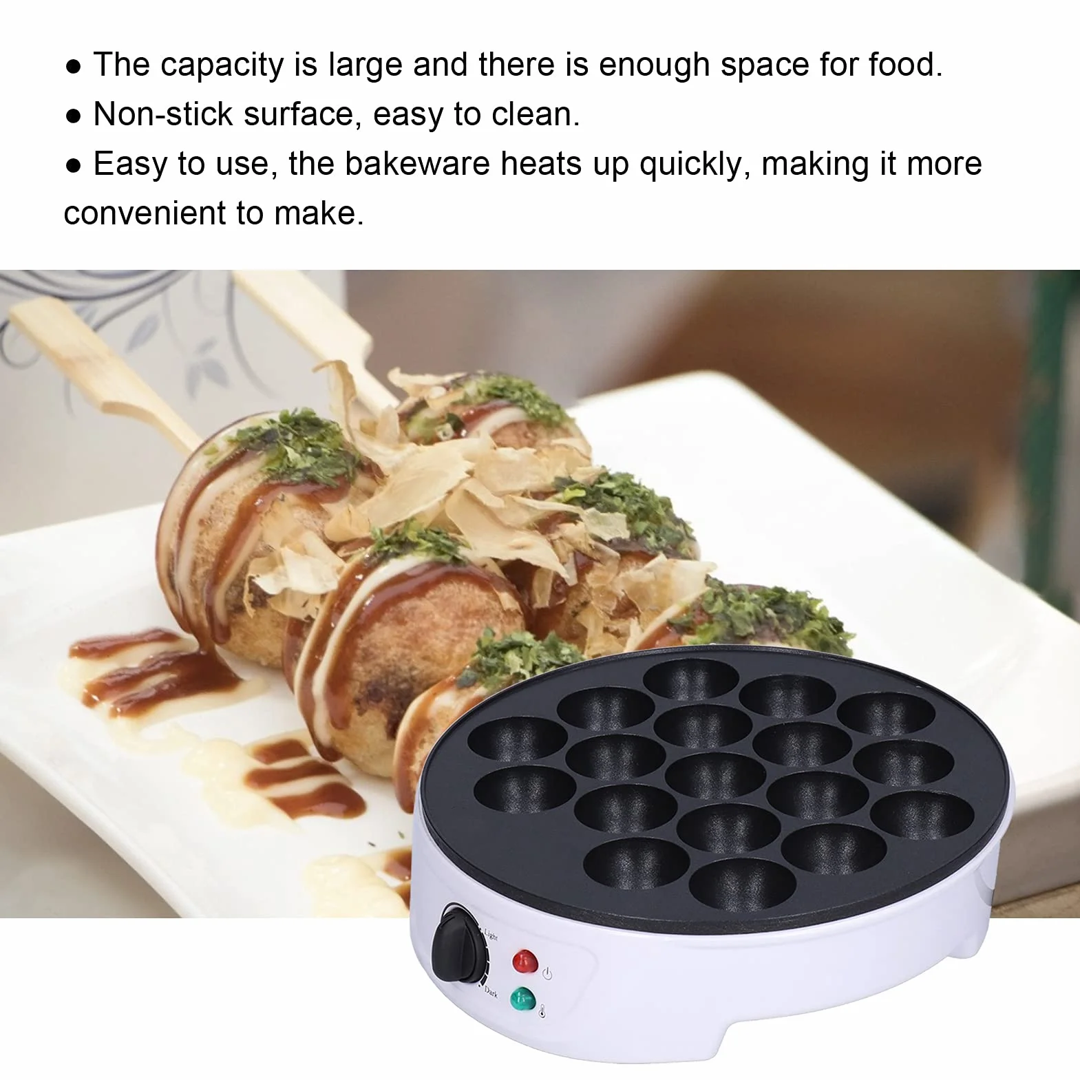 Gaufrier Takoyaki Électrique, 750W, 18 Trous, Plaque Antiadhésive, Chauffage Bilatéral, pour la Préparation de Boulettes de Poulpe, 220-240V