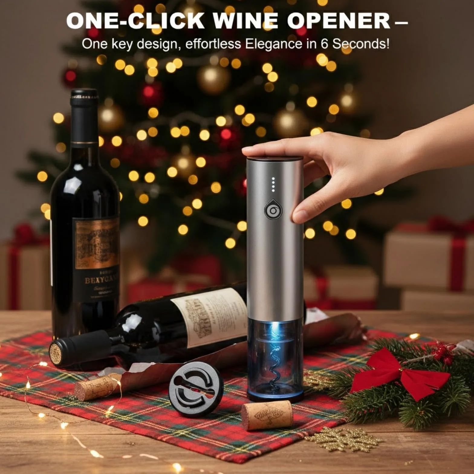 Tire-Bouchon Électrique Rechargeable 4 en 1, Coffret Cadeau avec Ouvre Bouteille & Aérateur de Vin Automatique, Bouchon à Vide et Coupe-Capsule, Idée Cadeau pour Noël et Anniversaire