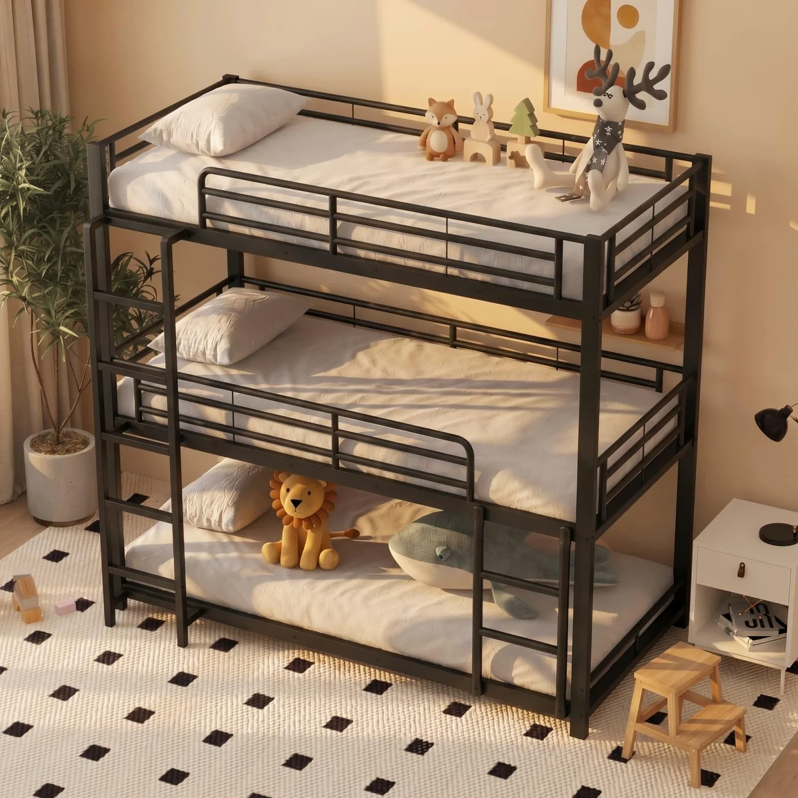 PUGSDRLY Lit Superposé 3 Place 90x200 avec Escalier,Sommier Robuste(B-Noir) | Quatre Barrières Haute,Escalier Robustes,pour Garçons Filles