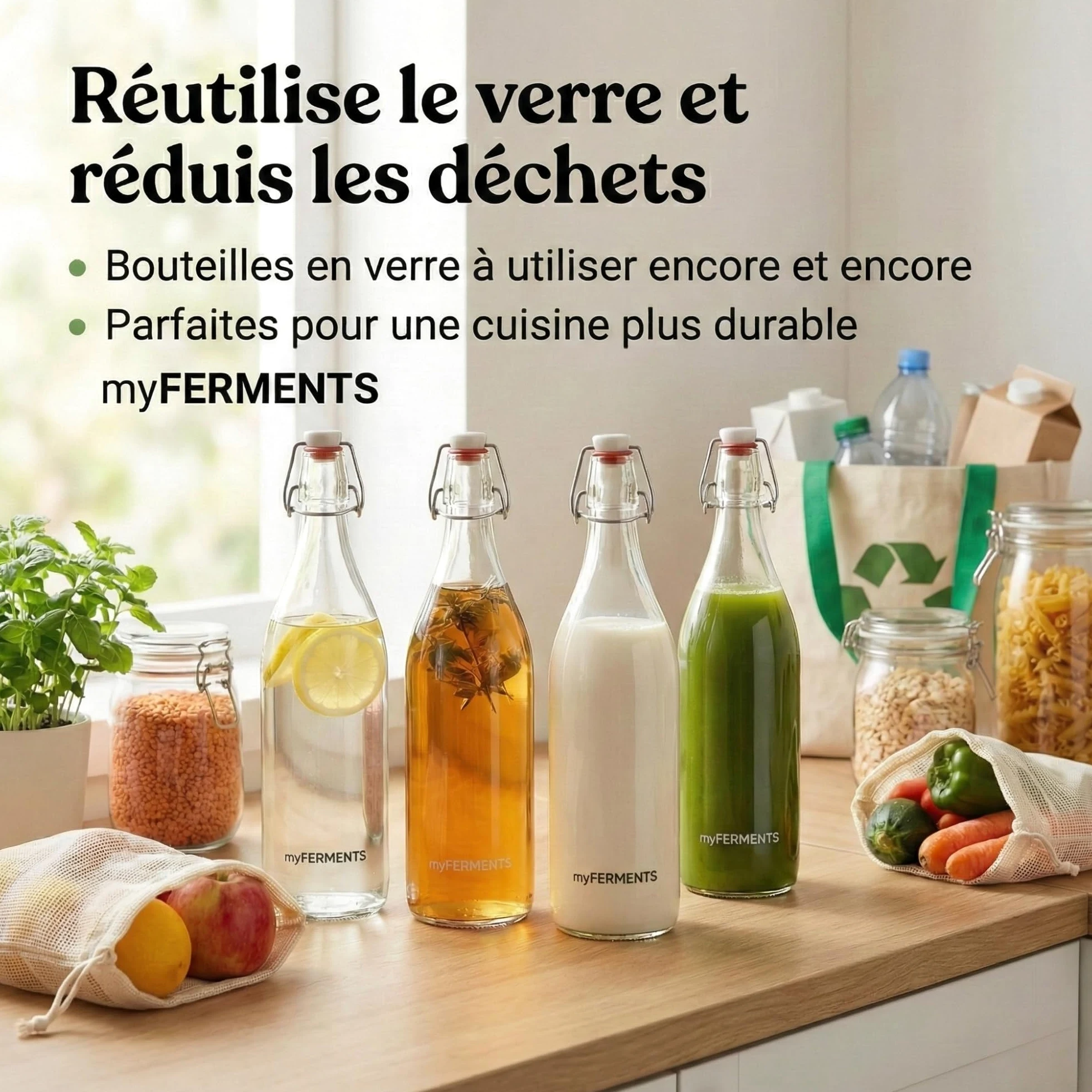 myFERMENTS Kit 6 Bouteilles 750ml en Verre Épais avec Bouchon Mécanique Hermétique | Set Complet Fermentation Bière Kombucha Kéfir Huile | Entonnoir 10cm, Tissu 50x50cm, Joint Porcelaine