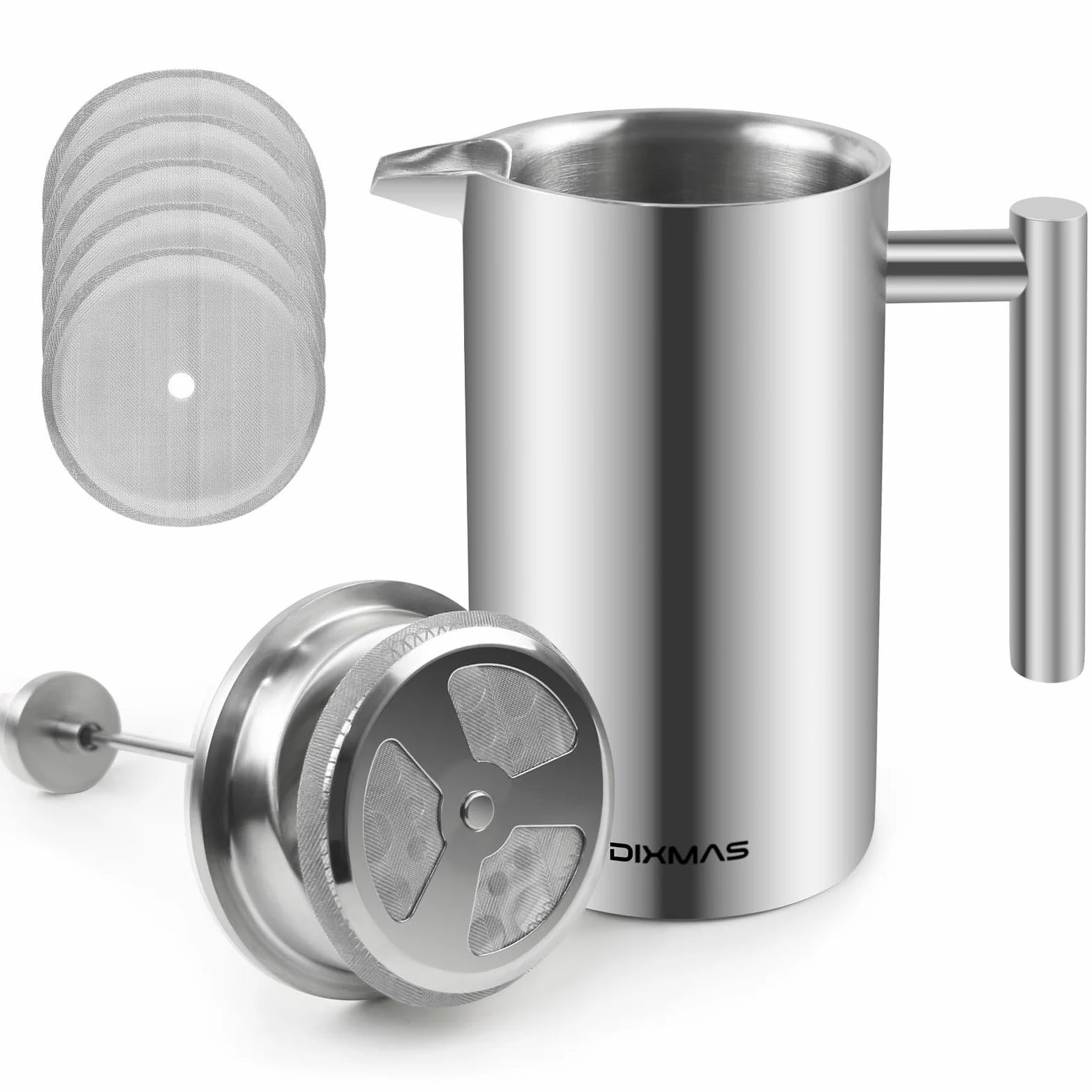 Cafetière à Piston 1L Inox Isotherme French Press 8 Tasses | 5 filtres de rechange en acier, 1000ml