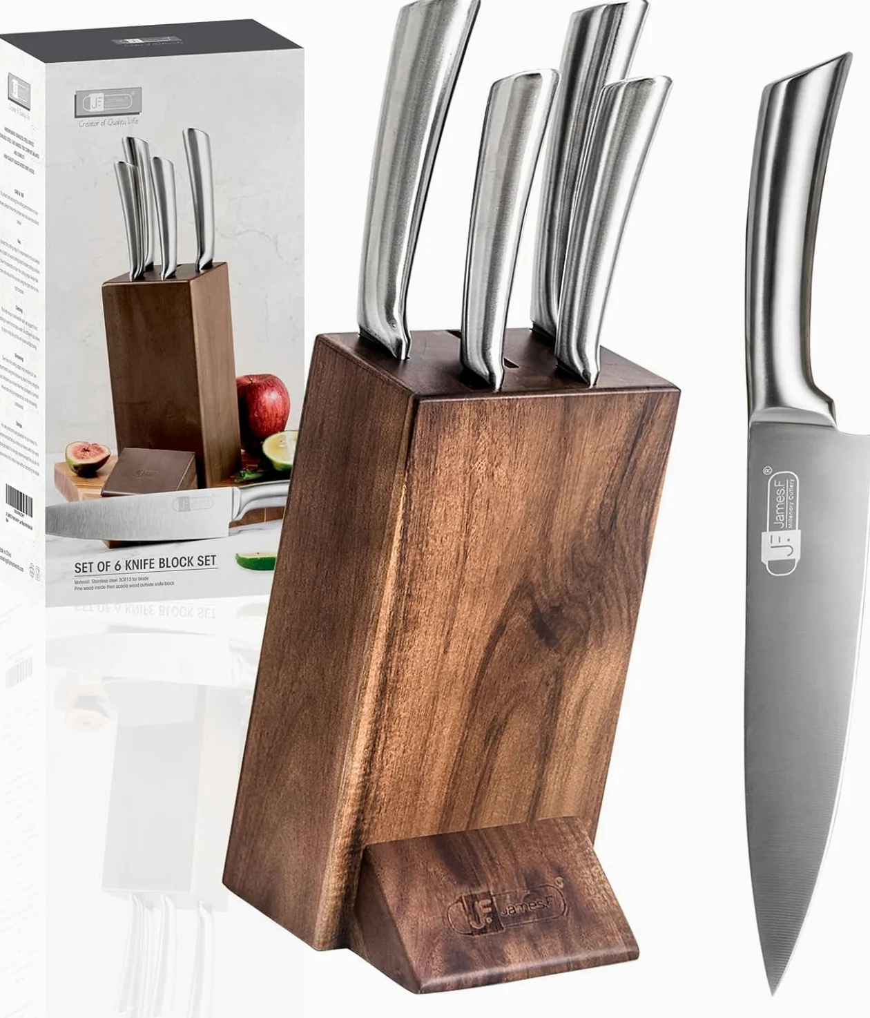 Bloc de couteaux en bois avec couteau, ensemble de couteaux en 5 pièces avec bloc de couteau en bois d’acacia en acier inoxydable tranchant Ensemble de couteaux de haute qualité