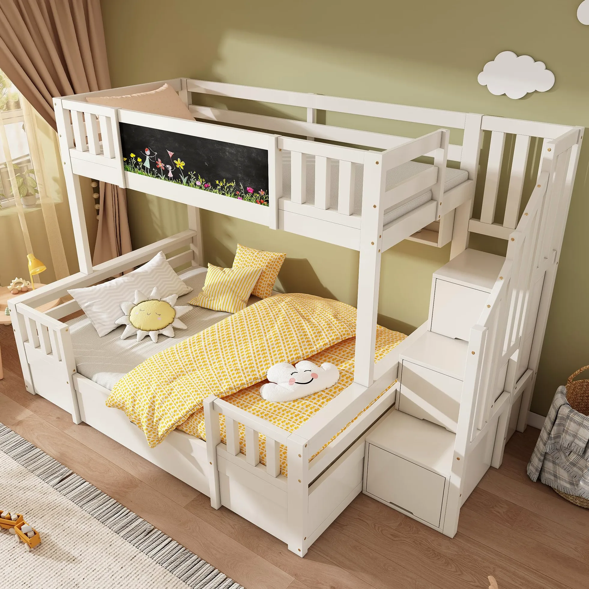 Sapgaks Lit superposé Enfants en Bois Massif 90/140x200 avec Tableau Noir, échelle de Rangement, 2 tiroirs,lit Enfant,Cadre de lit 2 Personne avec Garde-Corps et sommier à Lattes (A-Blanc)