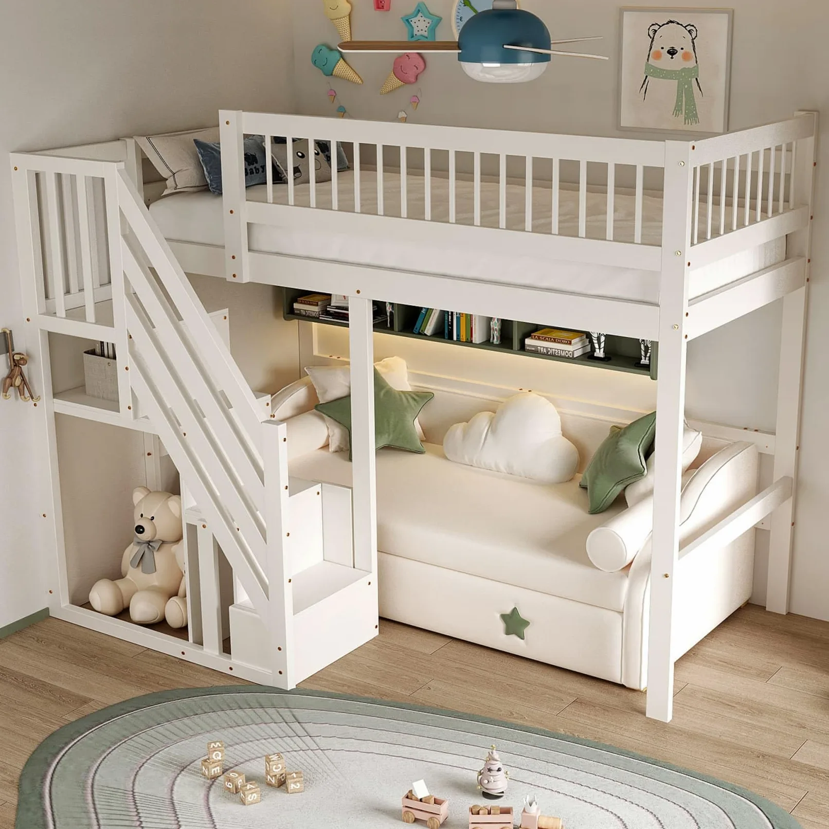 PUGSDRLY Lit Mezzanine 1 Place,Lit Mezzanine Enfant 90x200cm avec Escalier de Rangement et Petite Armoire,pour Adolescent,Design de Clôture Haute,Cadre de Bois Massif (Blanc-A, 90x200)