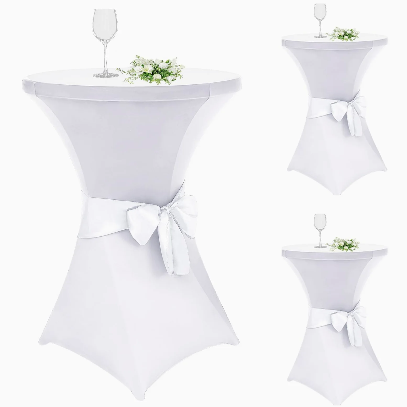 Alishomtll Lot de 3 housses de table haute avec nœud, diamètre 80 cm, extensibles, élégantes housses de table pour table de bistrot, table haute, banquet, mariage (Ø 80 x 110 cm, blanc)