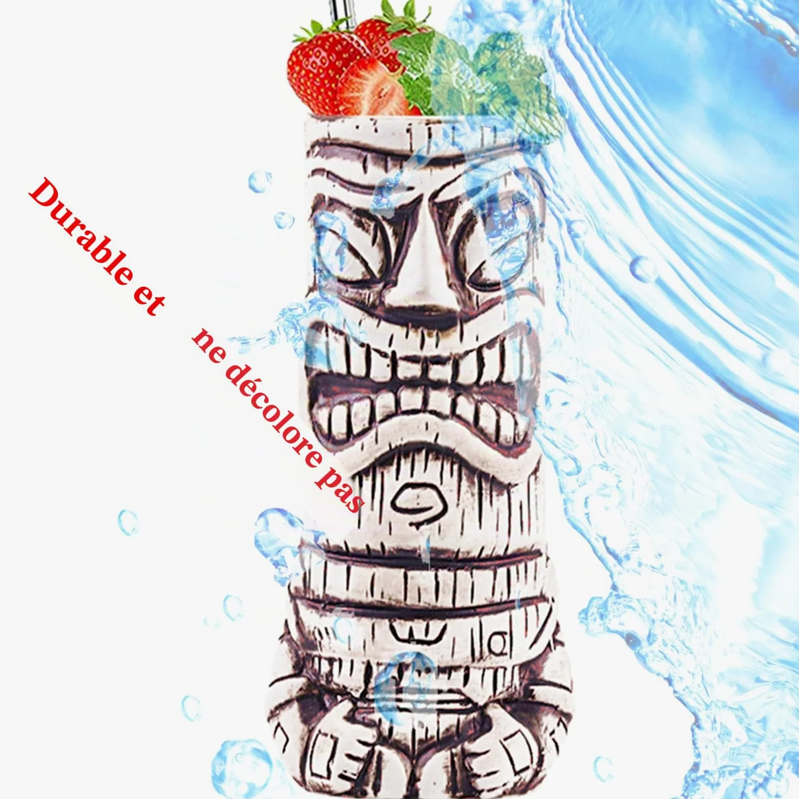 tiki Cocktails Tiki Mugs Ensemble de 4 Tasses à Cocktail en Céramique Verres à Cocktail Exotiques Tiki Bar Professionnel Hawaiian Party Barware tiki mug reutilisable,Beige