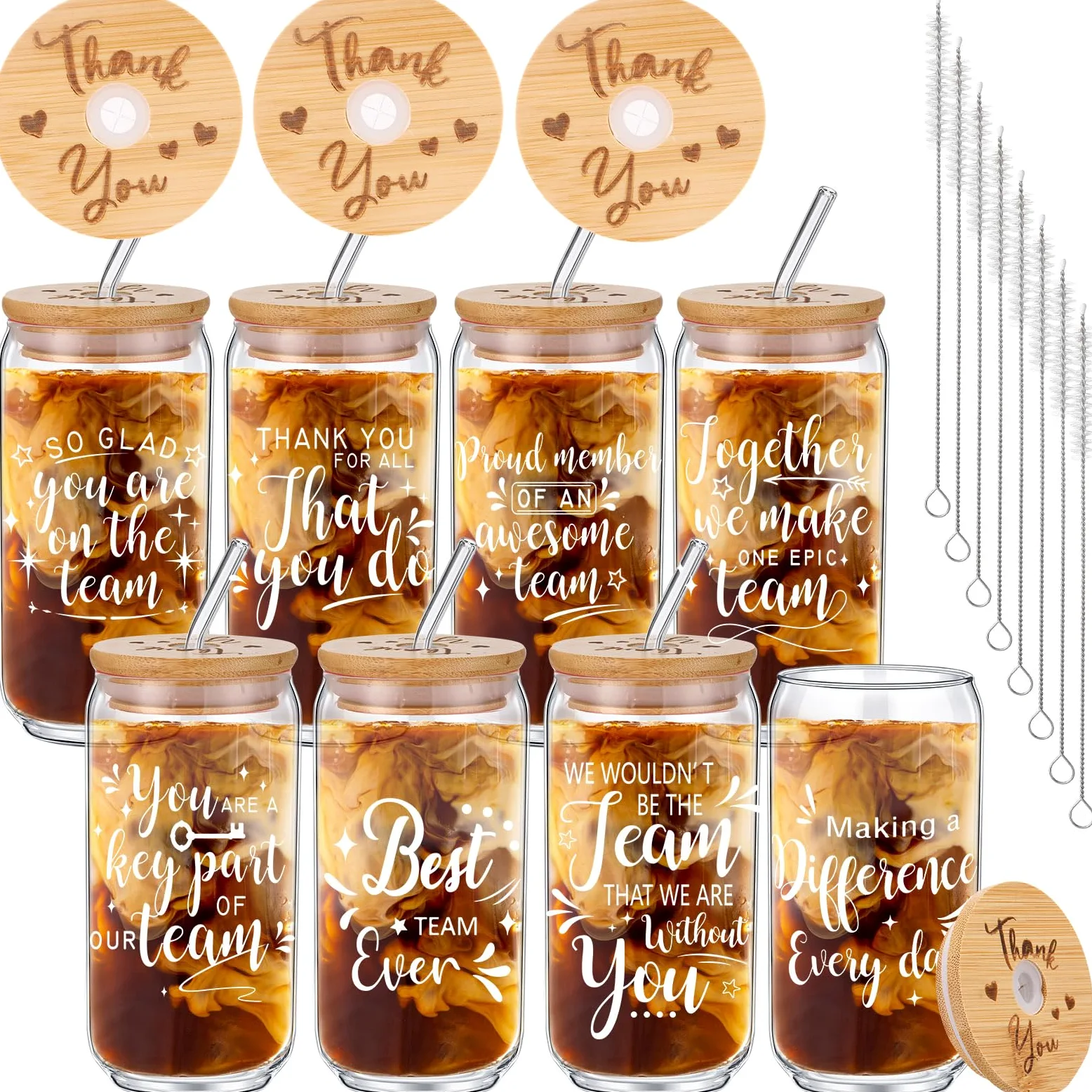 Tioncy Lot de 8 verres à bière en forme de canette de 473,6 g avec couvercles en bambou, pailles, brosses, verres à boire pour femmes, hommes, collègues, membres
