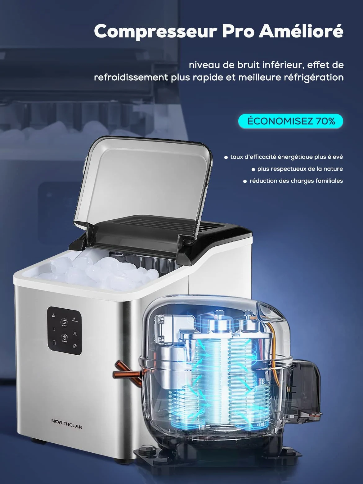 Machine à Glaçons Acier Inoxydable, Autonettoyante, 2 Tailles de Glaçons, 14kg en 24h, 9 Glaçons en 6 Minutes, Écran LCD et Réservoir d'Eau de 2L, Capteur IR, Cuillère à Glaçons et Panier, NORTHCLAN