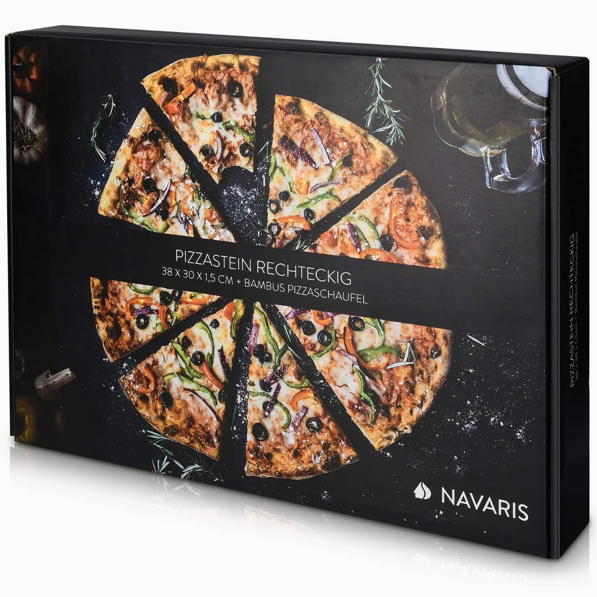 Navaris Pierre à Pizza avec Pelle - Kit Pierre Pizza Rectangulaire XL 38x30cm et Pelle en Bambou - Four Traditionnel Bois Barbecue Grill et Charbon