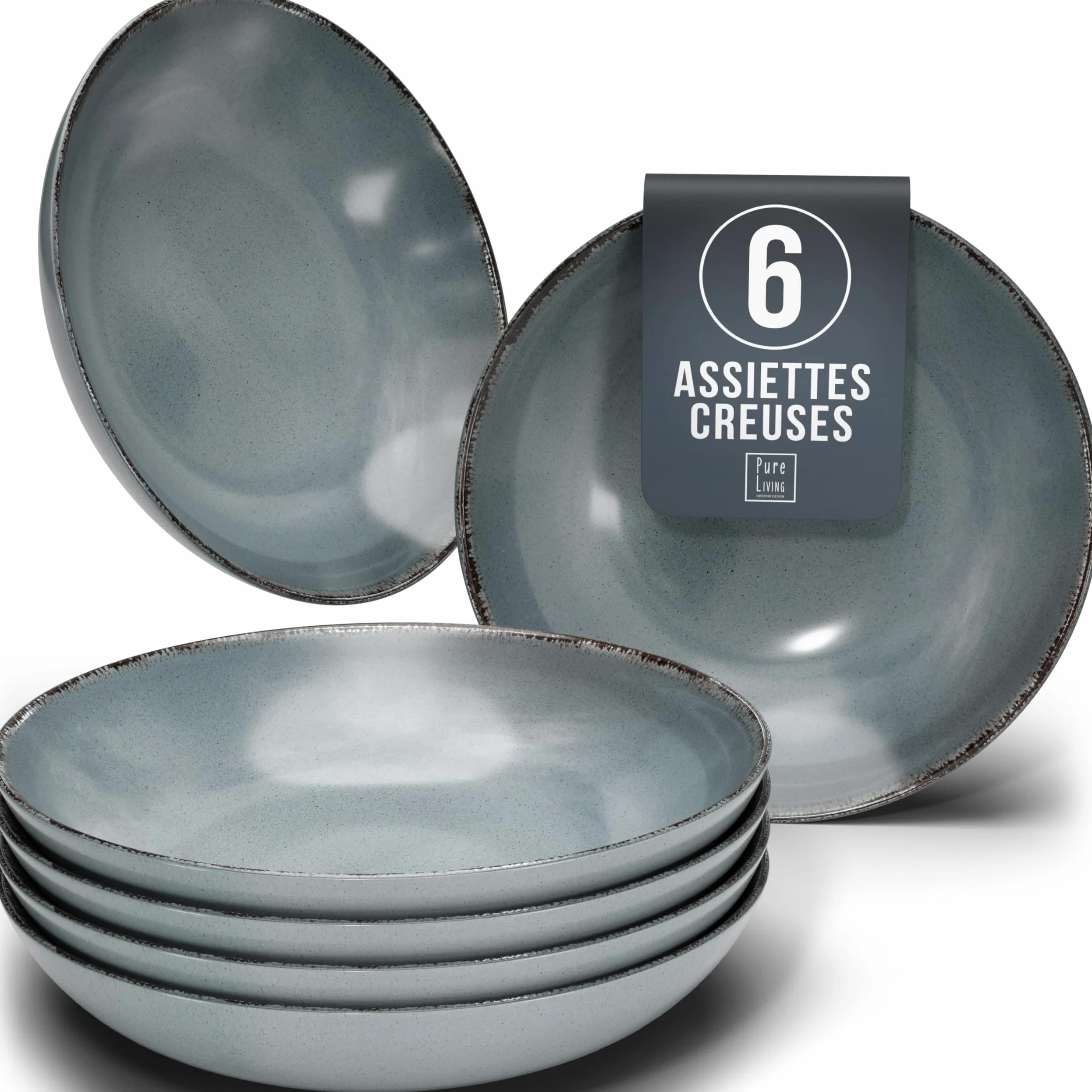 Assiettes creuses en grès Rustic - Lot de 6 - Vaisselle style maison de campagne Pure Living pour soupes, pâtes et salades - Passe au lave-vaisselle - Bleu fumé