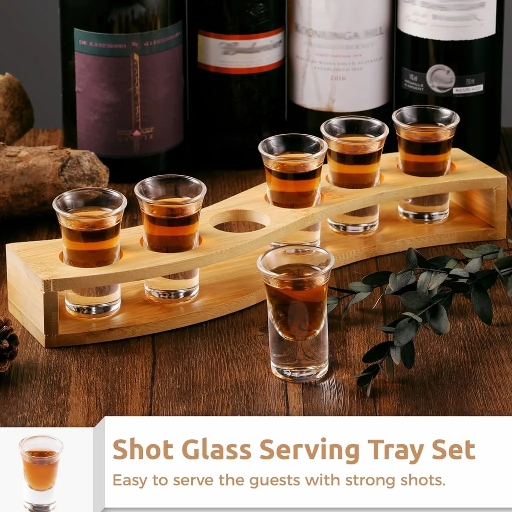 Lot de 6 verres à shot de qualité supérieure avec porte-plateau en bambou en forme de S, gobelets en verre transparent de 25 ml, parfaits pour les fêtes et les restaurants