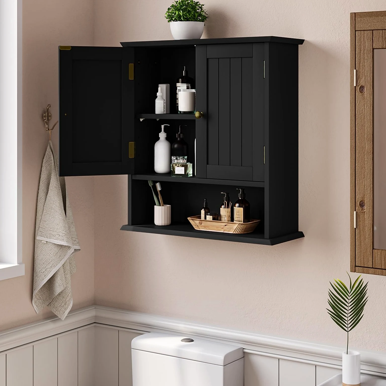 Smuxee Armoire de Toilette Murale Noire pour Petit Espace - Meuble Salle de Bain Suspendu avec 2 Portes et Étagères Réglables - Range-Toilette Étanche pour WC, Buanderie et Cuisine