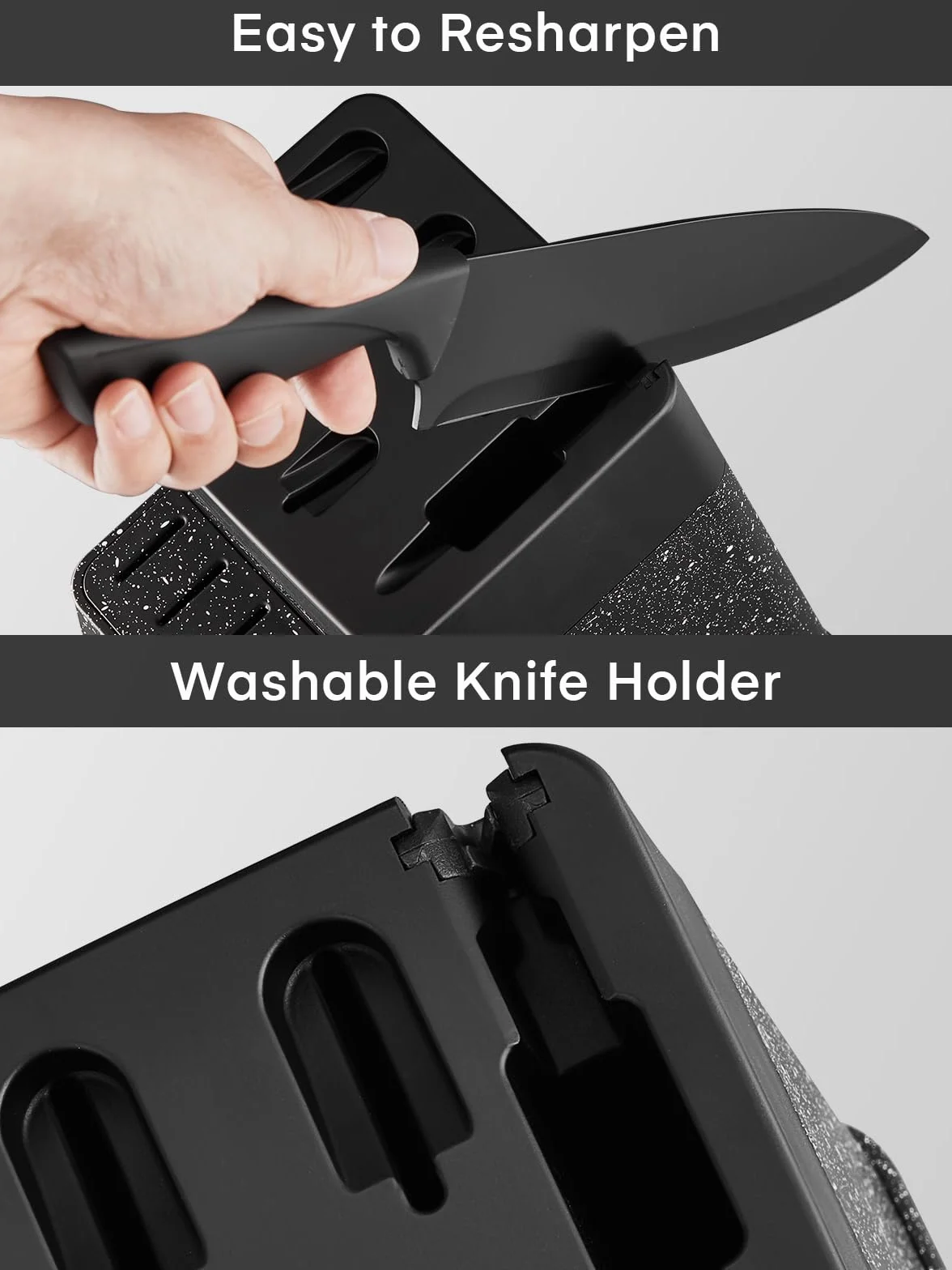 FOHERE Bloc de Couteaux,13 Pièces, Couteau Cuisine avec Affûteur Intégré, Acier Inoxydable, Ensemble de Couteaux avec Poignée en PP, avec Bloc Couteaux en Plastique, Granit Noir