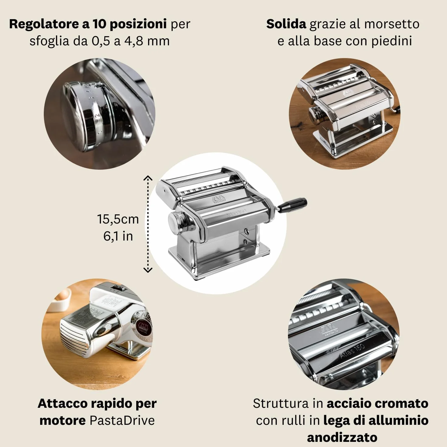 Marcato Atlas 150 Classic, machine à pâtes manuelle avec accessoire interchangeable AT-150-CLS 20 x 20.7 x 15.5 cm