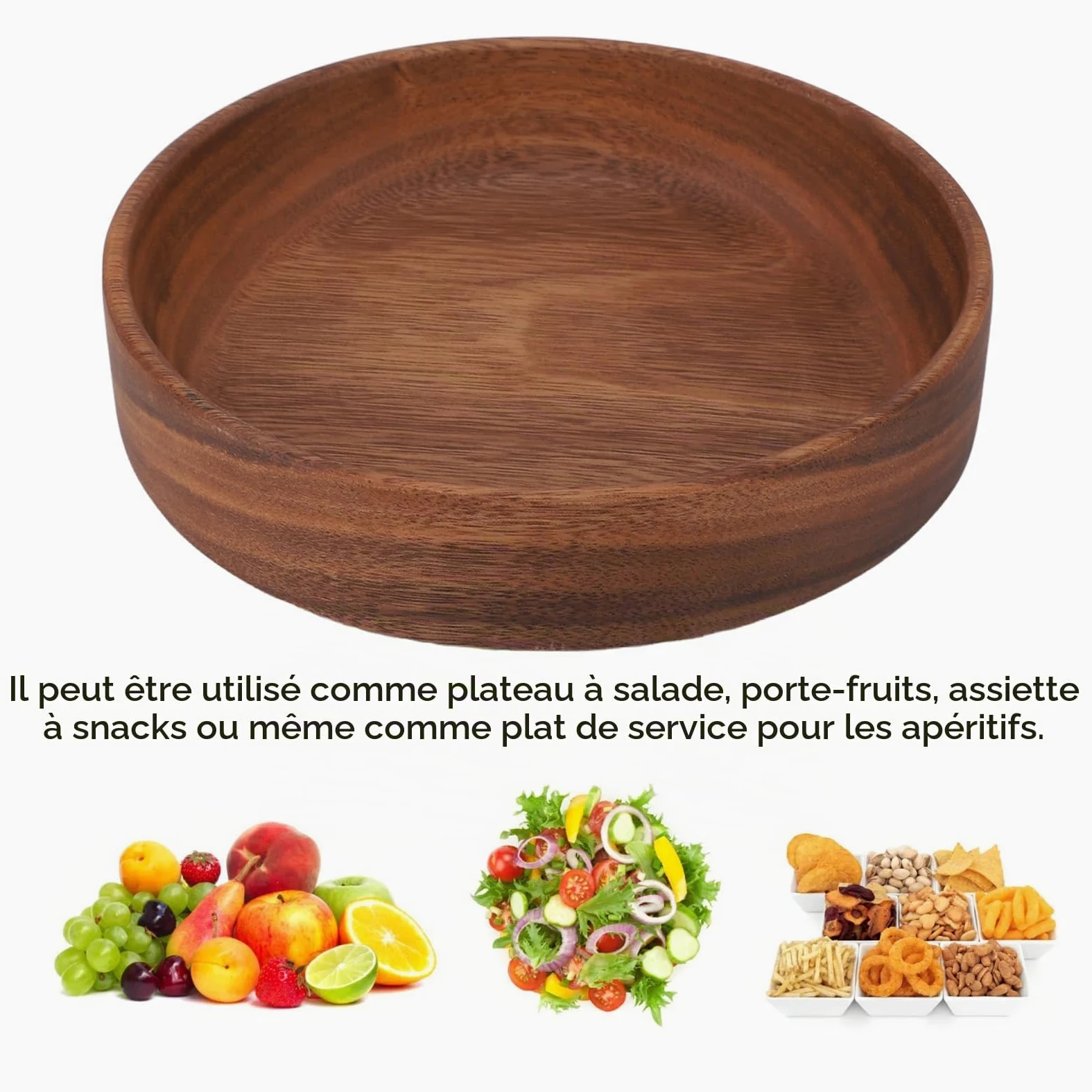 Jenngaoo Saladier Bois 20 cm, Bol à Fruits en Bois Massif, Grand Format, Corbeille a Fruit en Bois pour Pain, Apéro, Décoration, Style Rustique Moderne pour Cuisine et Salle à Manger