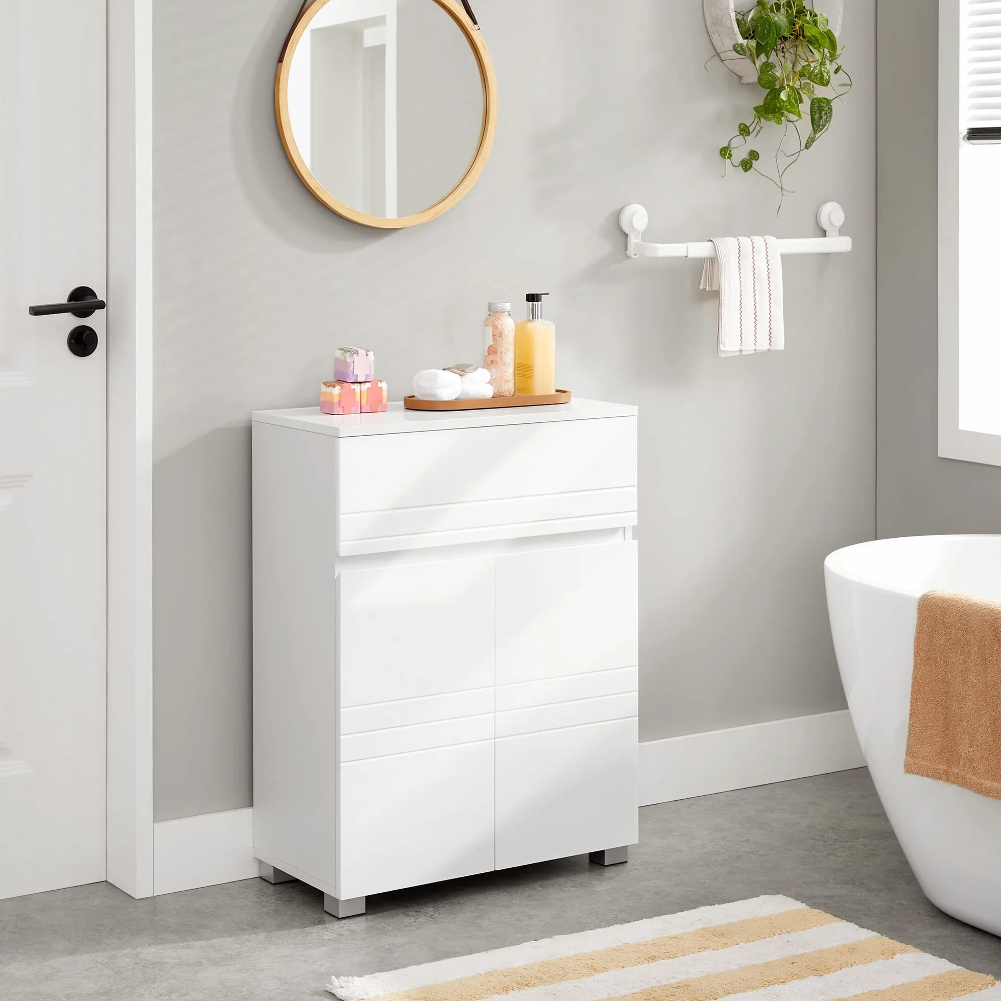 VASAGLE Meuble de Salle de Bain sur Pied, Meuble de Rangement avec tiroir, Armoire à Double Porte, étagère réglable, pour entrée, Couloir, 60 x 30 x 80 cm, Blanc BBK140W01