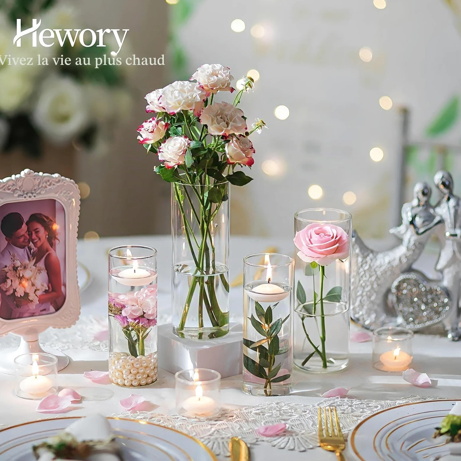 Vase Cylindrique en Verre pour Centre de Table: Hewory 12 Vase Transparent Vase en Verre pour Decoration Mariage - Photophore Verre Vase Verre Transparent pour Décoration de Table Wedding Home
