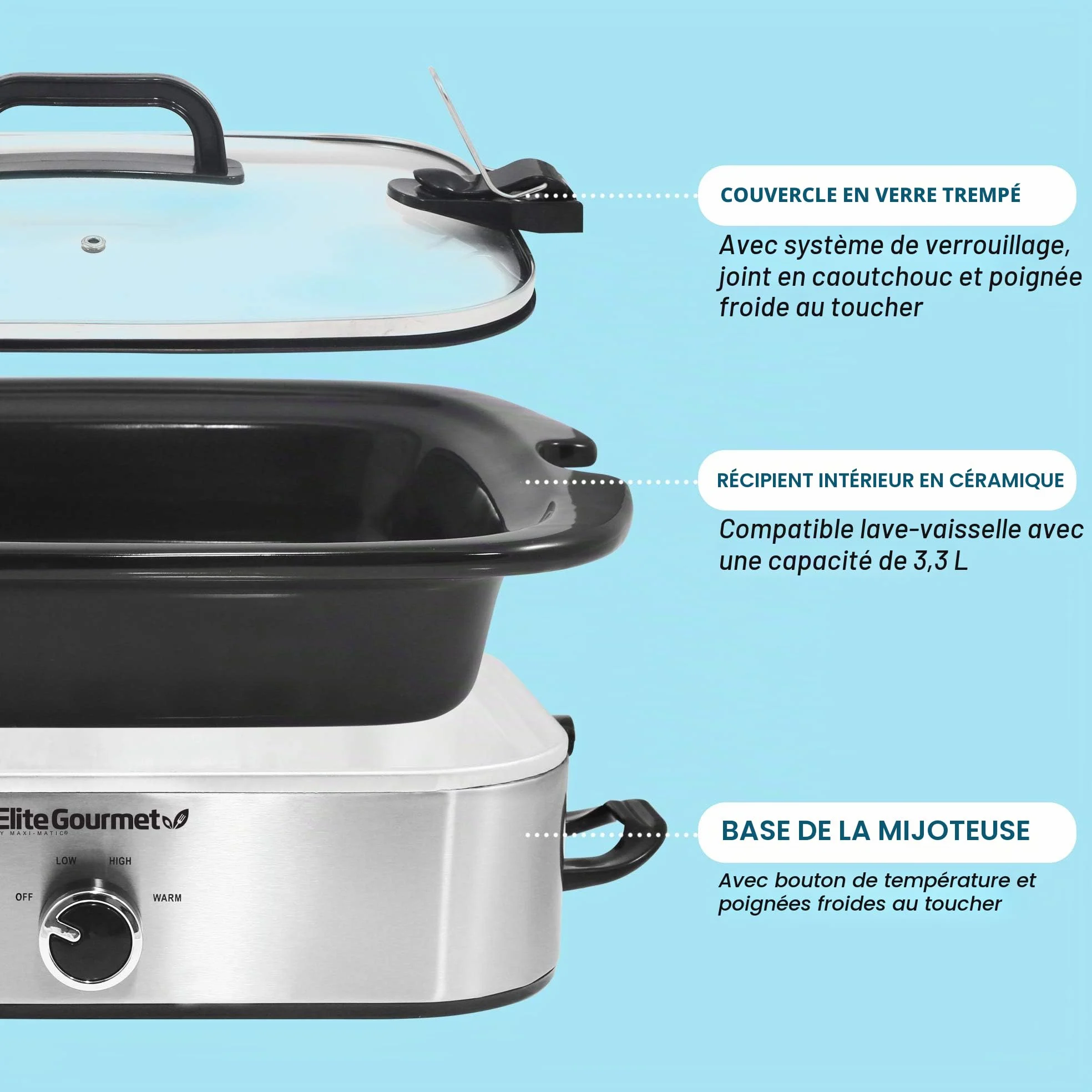 Elite Gourmet MST-5240SS Mijoteuse avec couvercle verrouillable, température réglable, fonction de maintien de la chaleur, passe au four et au lave-vaisselle, contenance 3,3 L, acier inoxydable