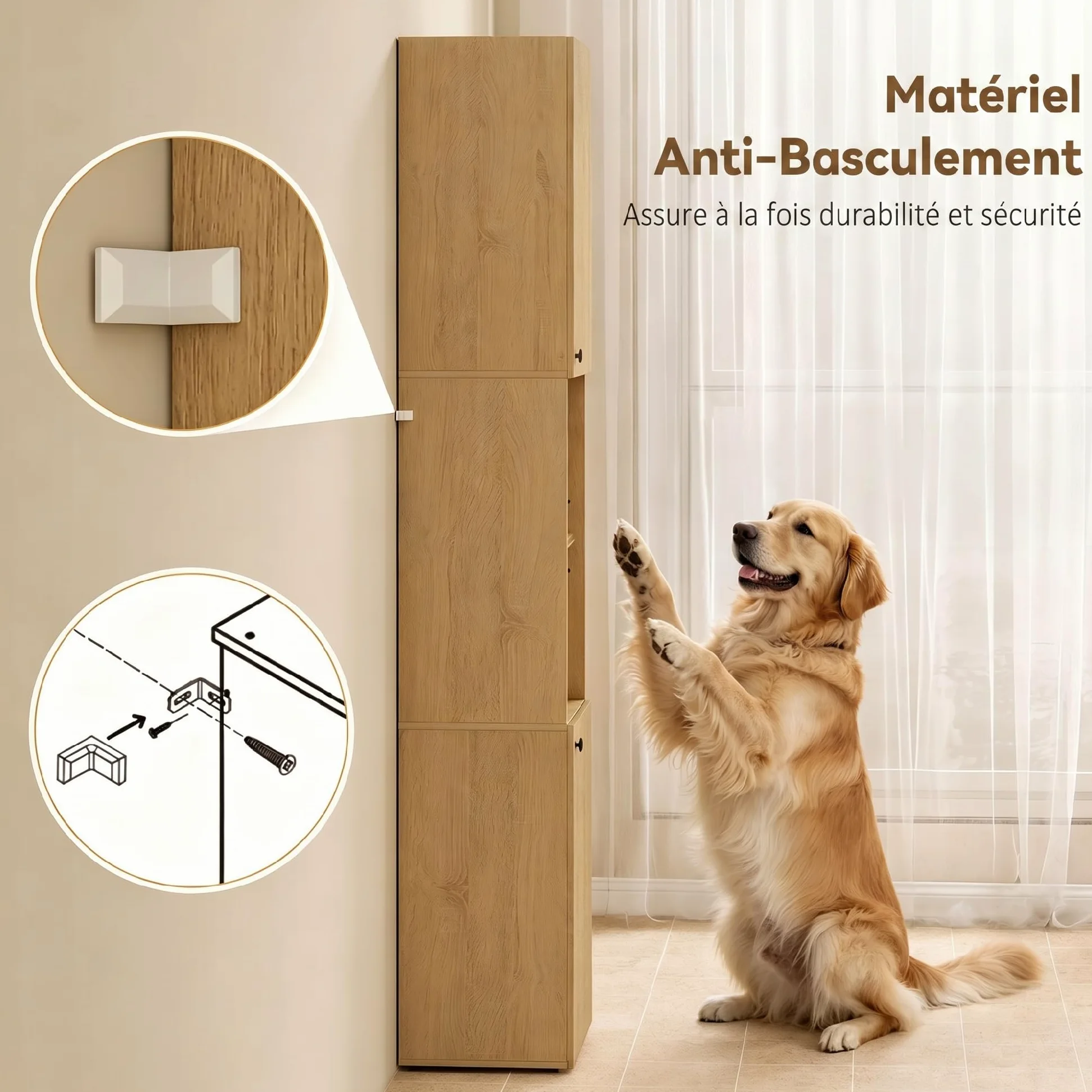 HOMCOM Meuble Colonne Salle de Bain, Meuble de Rangement étroit 6 Niveaux, 2 Portes, Compartiments Ouverts, étagère Verre trempé, étagères réglables, pour Toilette, Petits espaces, 40x31x182cm, chêne