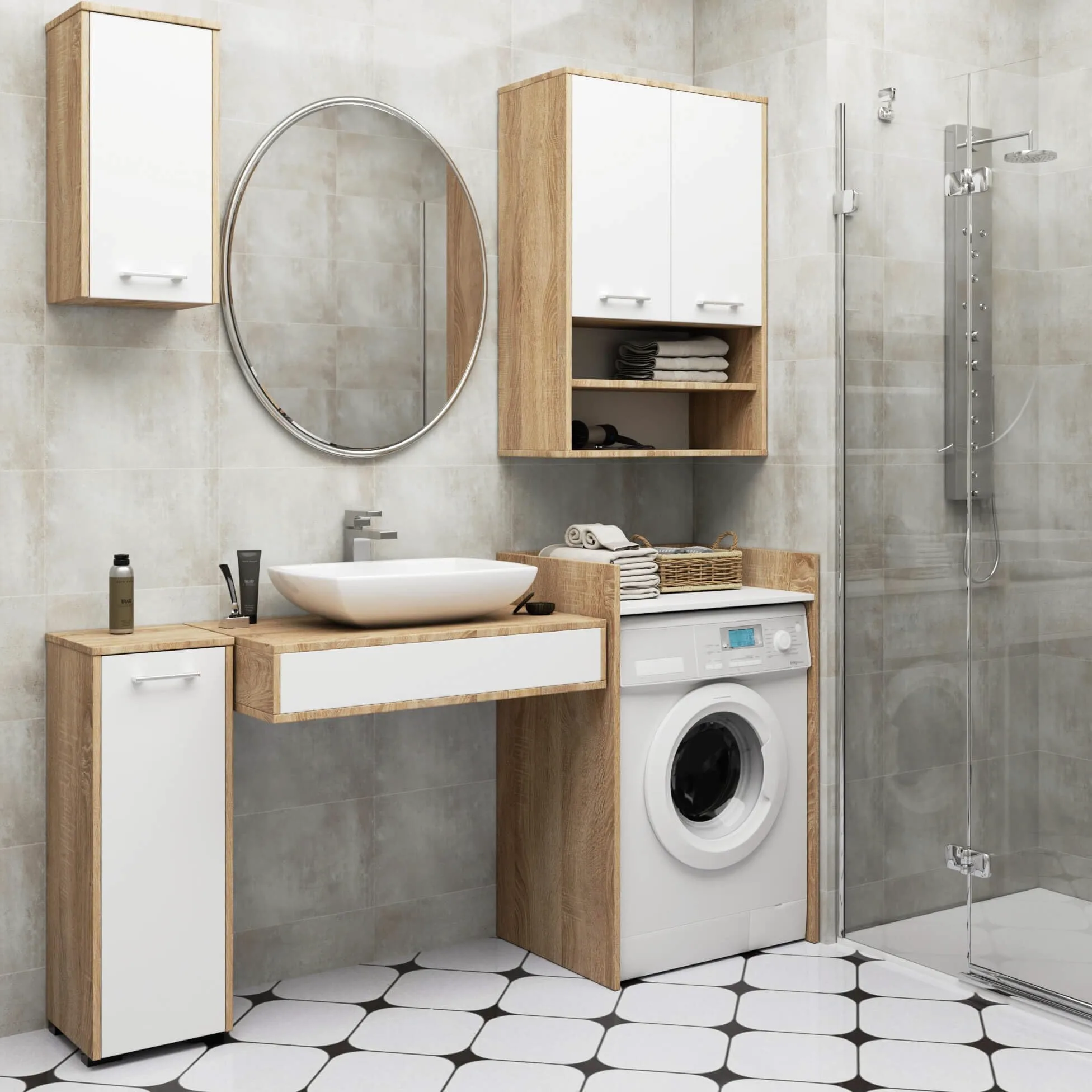 AKORD Meuble Salle de Bain Suspendu Fin 64 cm - 2 Portes, 4 Étagères - Armoire Murale 64x94x30 cm - Meuble Haut WC - Compact, Moderne - Idéal pour Petits Espaces - Chêne de Sonoma & Blanc