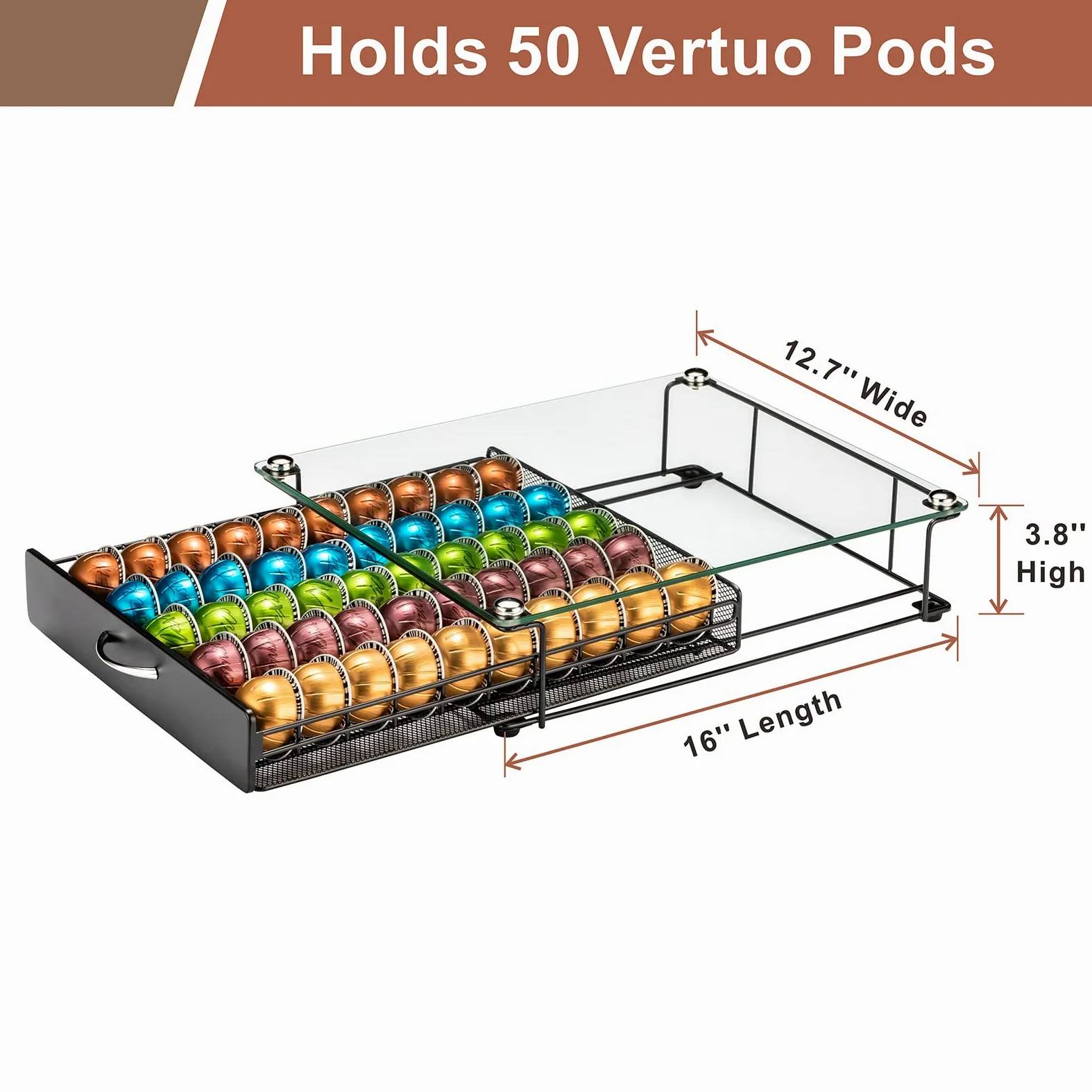 Vertuo Support de capsules de café avec tiroir en verre pour placard Vertuoline pour comptoir Classe 50 dosettes (avec poignée)