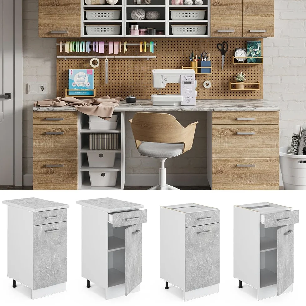 Vicco Meuble Bas Universel R-Line, Béton, 40cm avec tiroir, sans PT, adapté au Rangement Peu encombrant dans Les Cuisines équipées