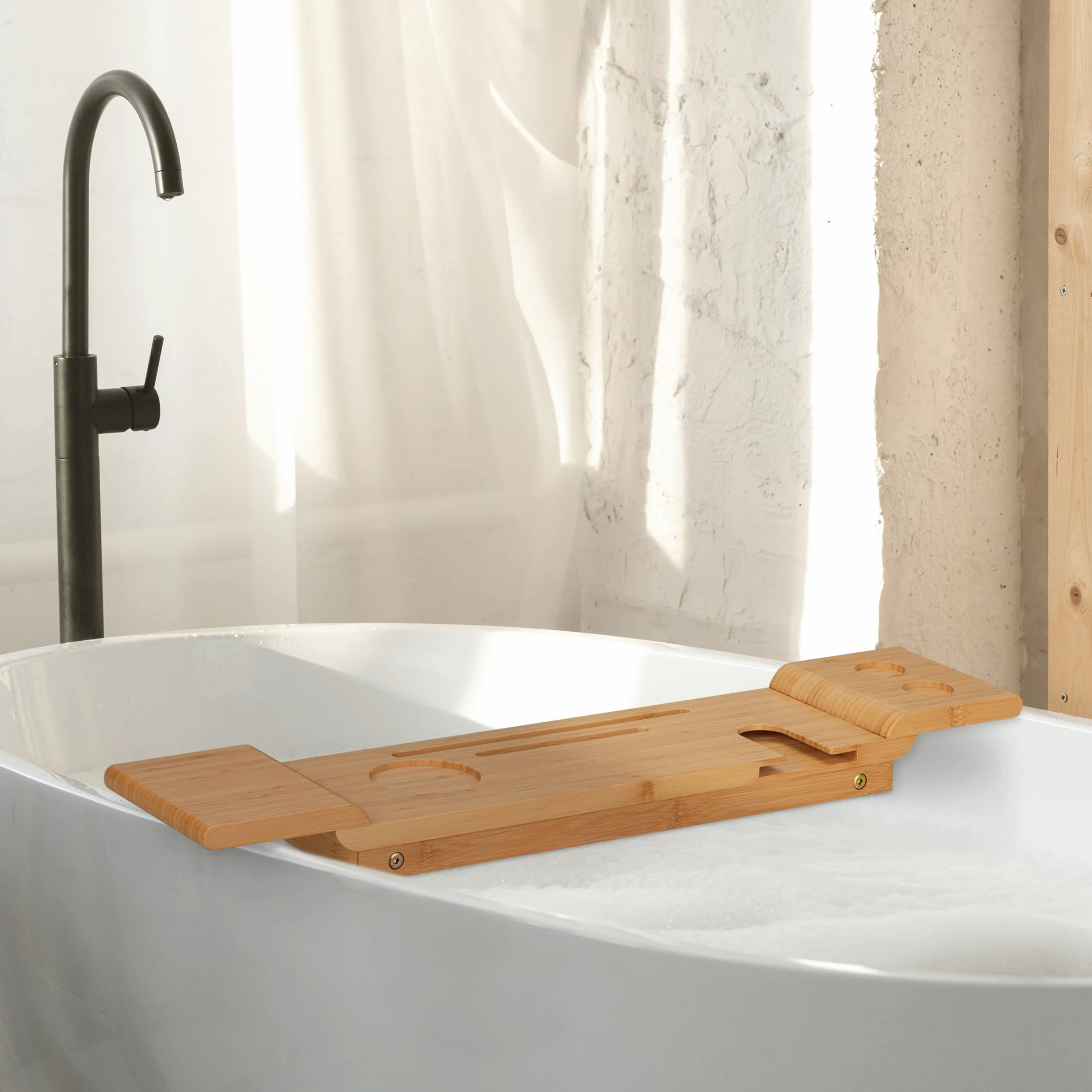 Relaxdays Plateau de Baignoire, en Bambou, Largeur : 70 cm, Pont pour Verre, téléphone, Tablette, à accrocher, Nature