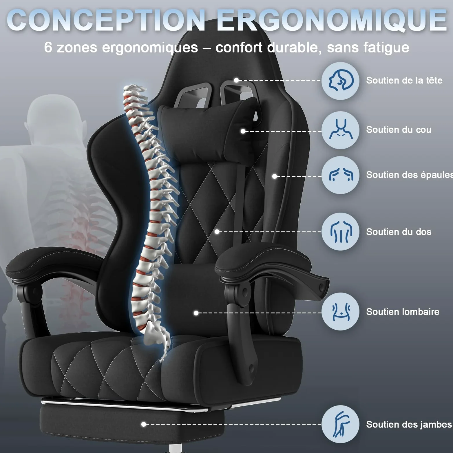 Devoko Chaise Gaming Ergonomique en Tissu, Chaise Bureau Gamer avec Repose-Pieds, Dossier Inclinable, Hauteur Réglable, Massage Lombaire, Fauteuil Gamer Respirant et Anti-Griffes pour Chat, Noir