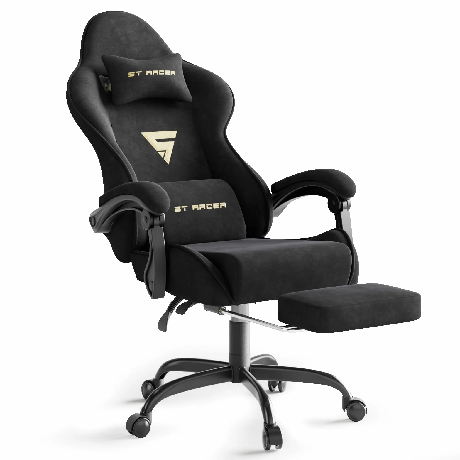 Ferghana Chaise Gaming Chaise Ergonomique Bureau Tissu Fauteuil Gaming en Tissu Velours, avec Coussin Lombaire De Massage, Coussin De Nuque, Repose-Pied, Capacité de Poids de 250lb, Noir