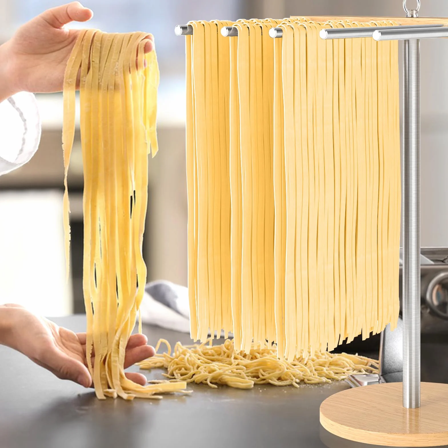 STWWO Séchoir à Pates Fraiches Séchoir à Spaghetti avec 10 Bras Amovibles INOX 304 Support de Séchage de Nouilles pour Ustensiles Cuisine Pâtes Faits Maison - Jusqu'à 2 Kg de Pâtes Fraiches, WSA007