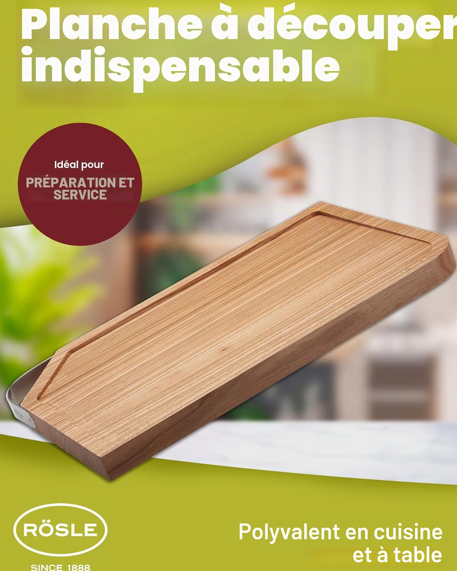 RÖSLE Planche à découper, support de découpe de haute qualité pour la cuisine pour une utilisation universelle, planche à servir, bois d'orme, acier inoxydable 18/10, 36 x 24 cm