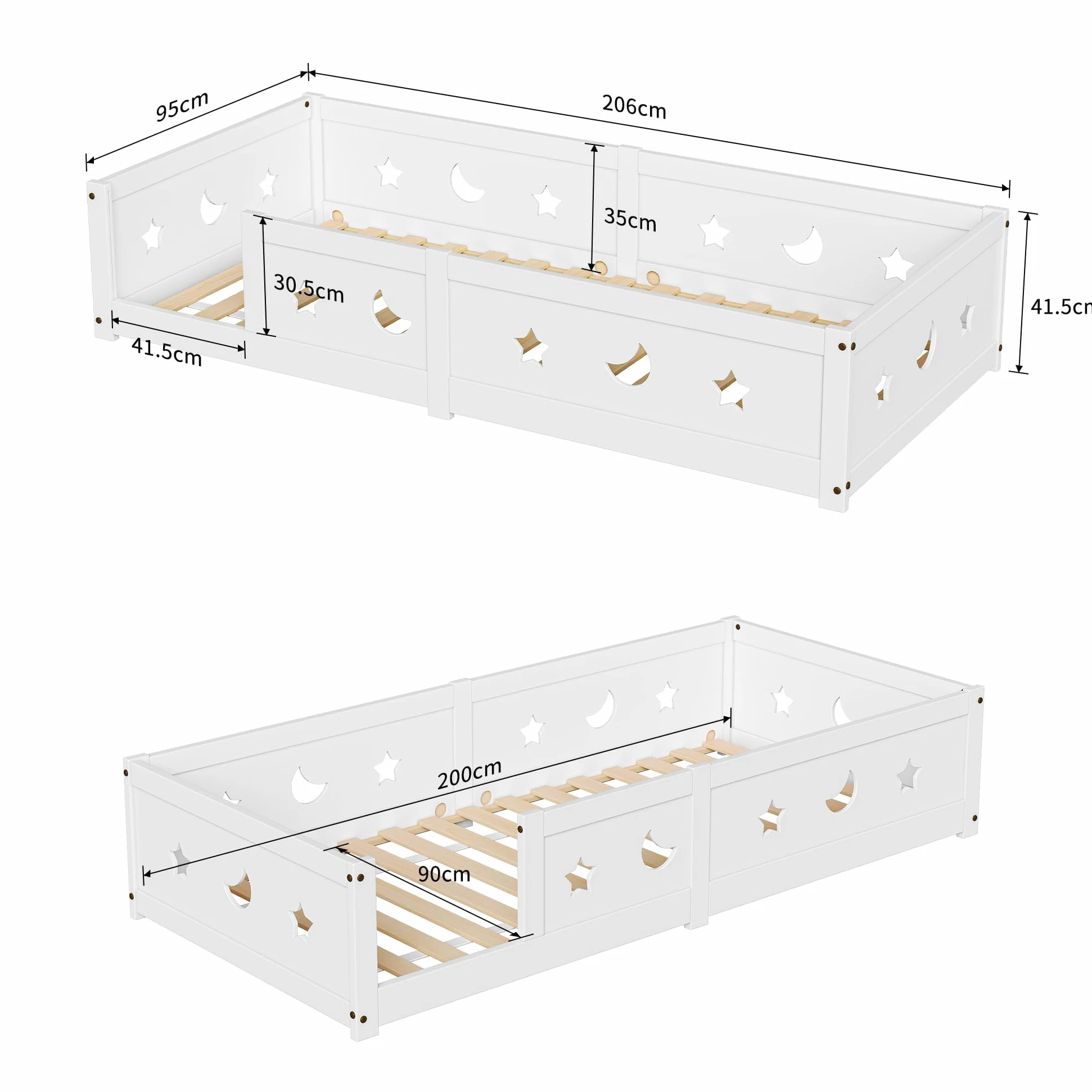 Lit pour Enfant 90x200 cm,lit au Sol Enfant en Bois Naturel avec Protection Contre Les Chutes,Lits Enfant 90x200 avec Étoiles et Lune, Lit Montessori en Panneau de Particules, Blanc