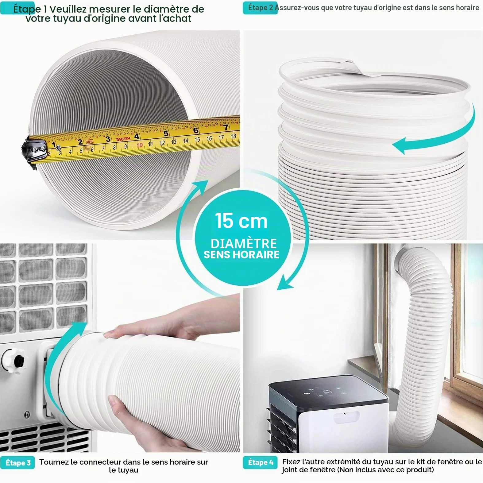 Tuyau de climatiseur portable Diamètre 15cm Climatiseur Mobile Tuyau évacuation Climatiseur Mobile pour climatiseur d'échappement Compatible avec Les climatiseurs Mobiles LG,Delonghi et Autr
