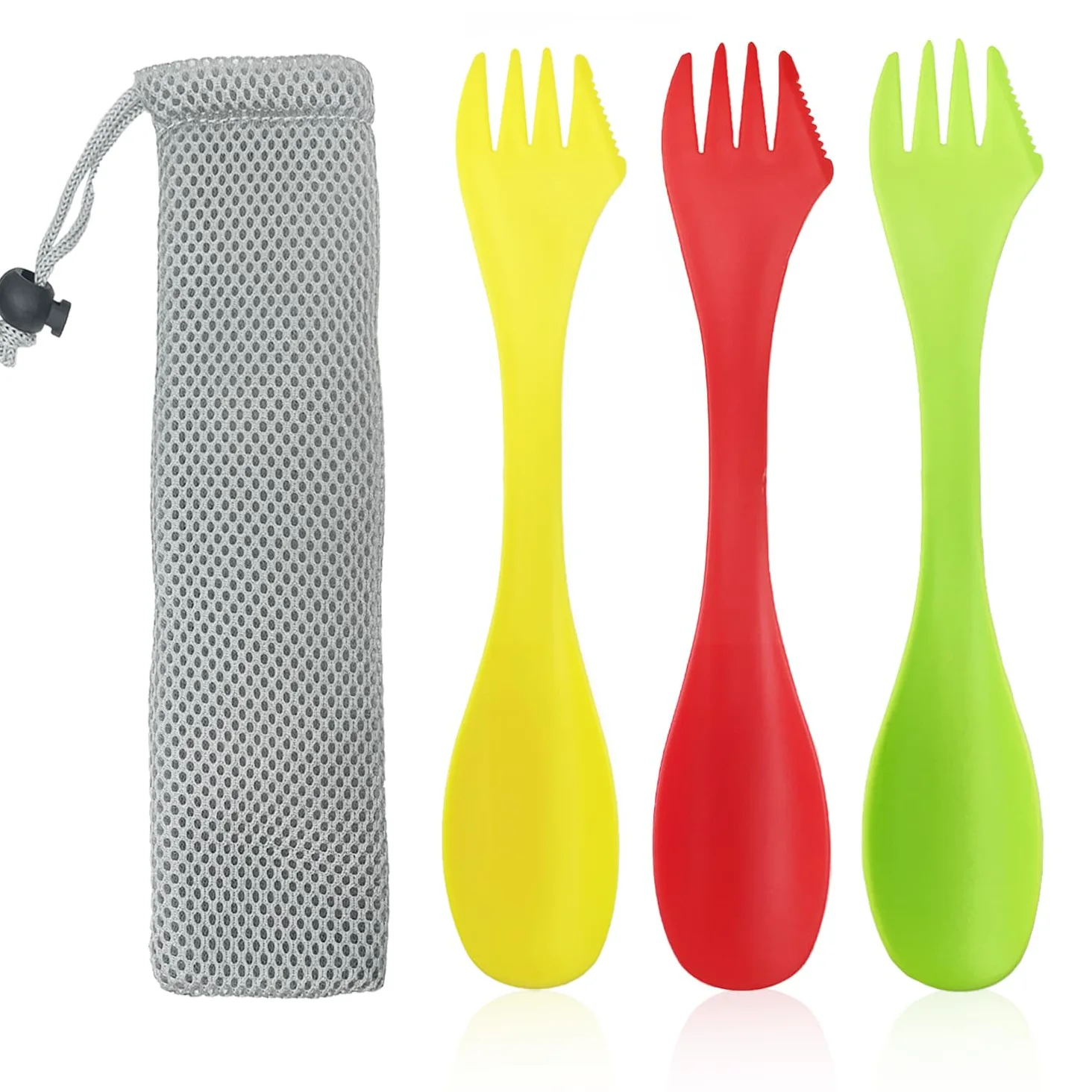 Lot de 3 cuillères-fourchettes en Plastique 3 en 1 pour Le Camping, la randonnée, Les Voyages (Rouge, Vert et Jaune)