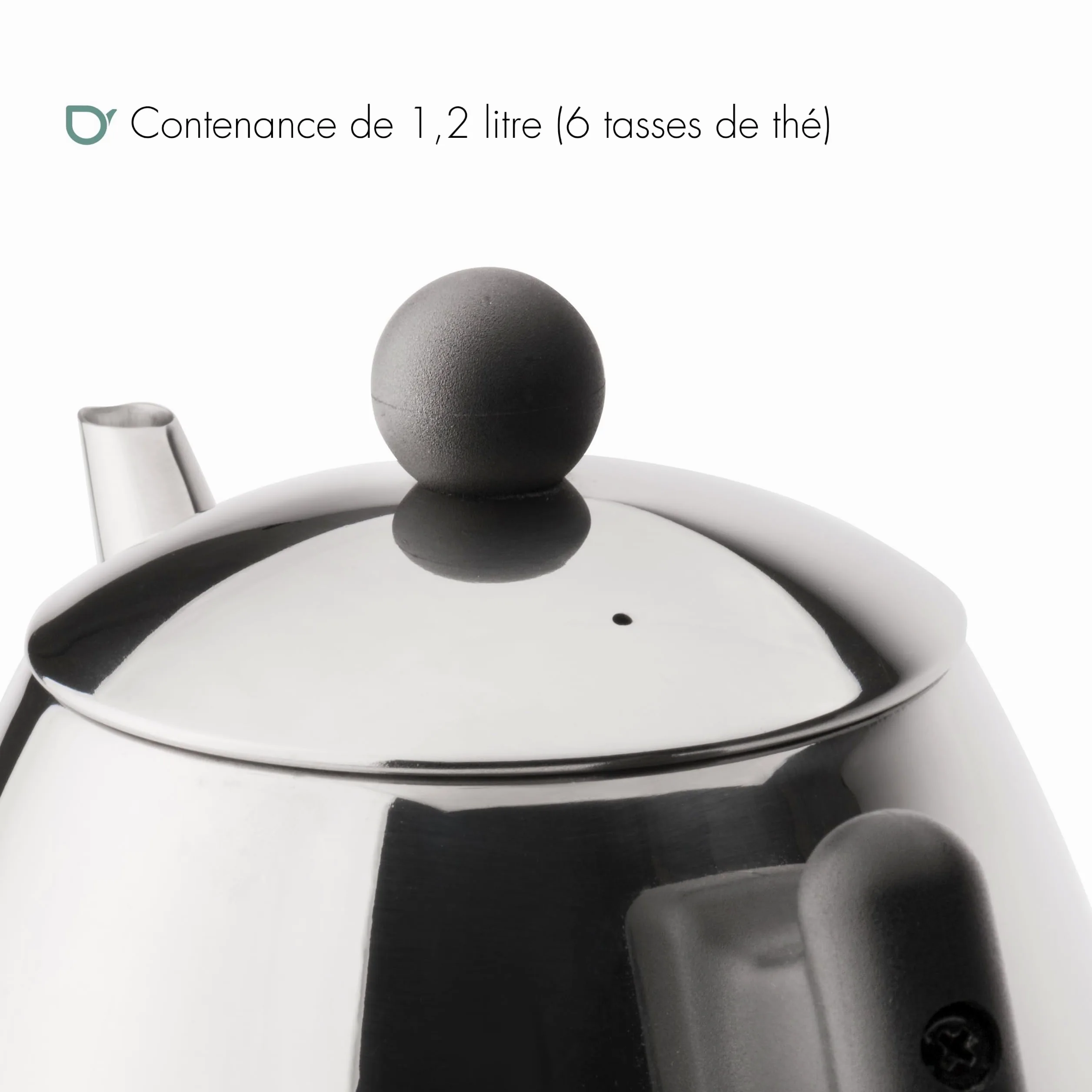 Bredemeijer - Théière Classic - 1,2 L - Acier inoxydable - Garnitures noires, Argenté avec Poignée Noire | Théière avec Infuseur Double Paroi, Théière Isotherme 1h, Poignée Froide et Bec Anti-Goutte