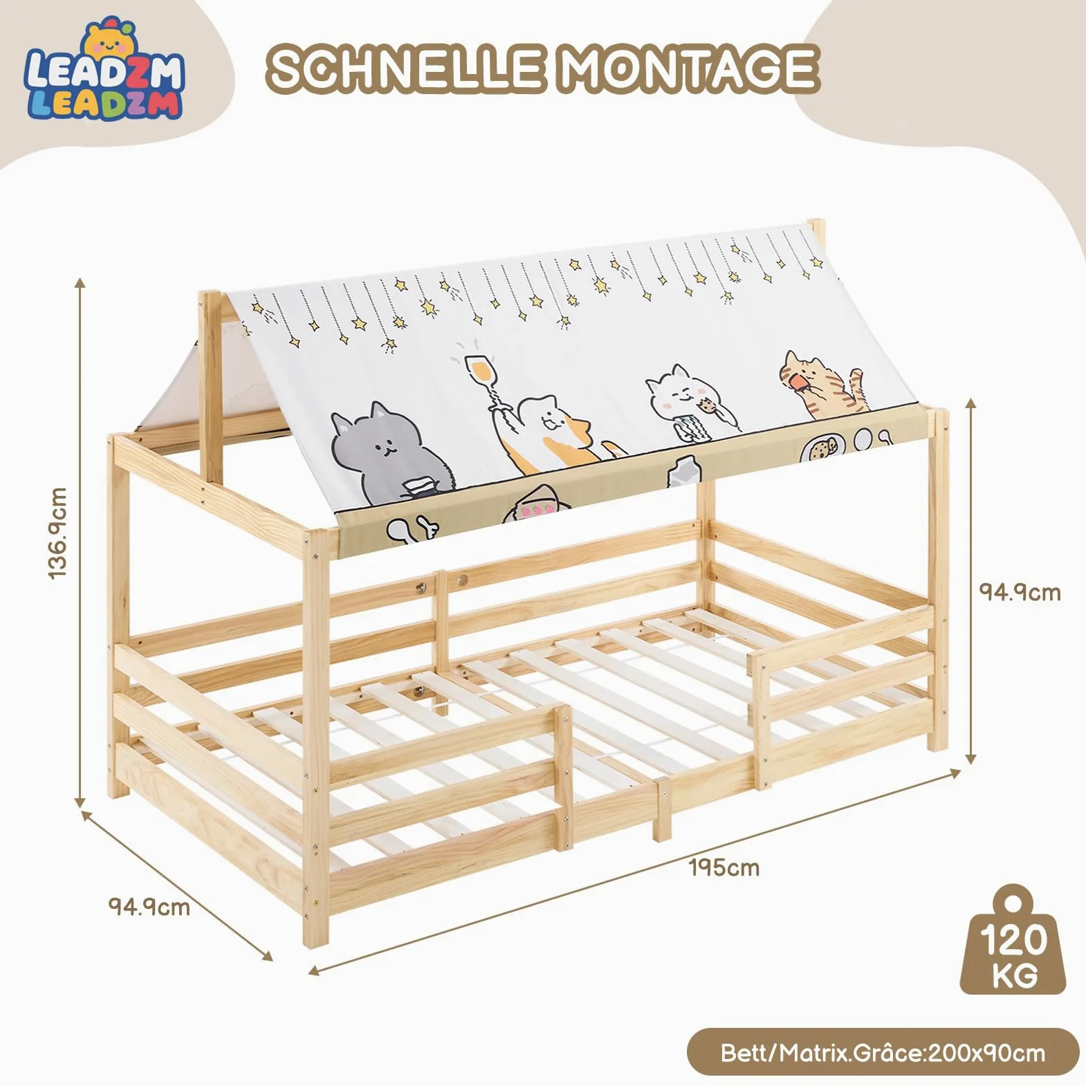 LEADZM Lit cabane Enfant 90x190 cm avec baldaquin en Tissu, sommier à Lattes, barrières de sécurité Enfant Bois en pin Forme de Maison Lit au Sol Montessori (Naturel)