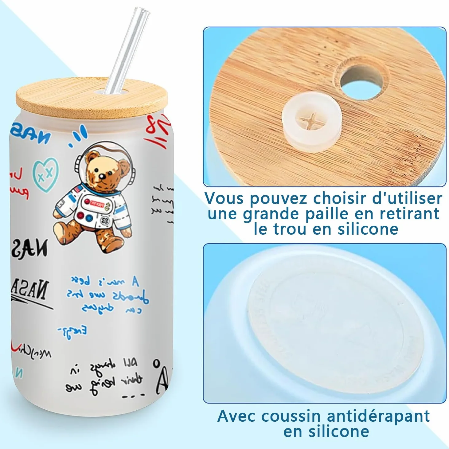 Lot de 12 Verres Givrés à Sublimation 16oz, Gobelets en Verre Borosilicate avec Couvercles en Bambou et Pailles, Blanks pour Bière, Jus, Soda, Café Glacé, Boissons